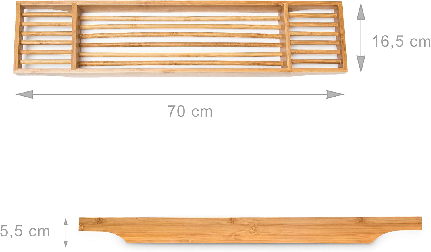 Diagram showing the dimensions of the Relaxdays Bamboo Bathtub Caddy: 70 cm length, 16.5 cm width, 5.5 cm height