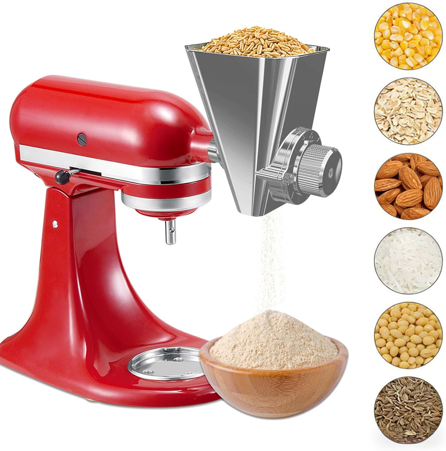 Grain Mill Attachment for KitchenAid Stand Mixer, All Metal Grain Mill Flour Mill for Kitchen Aid Accessories, Suitable for Grinding Non-Oily Dry Grain Corn, Coffee Bean, Millet, Wheat and Cereals