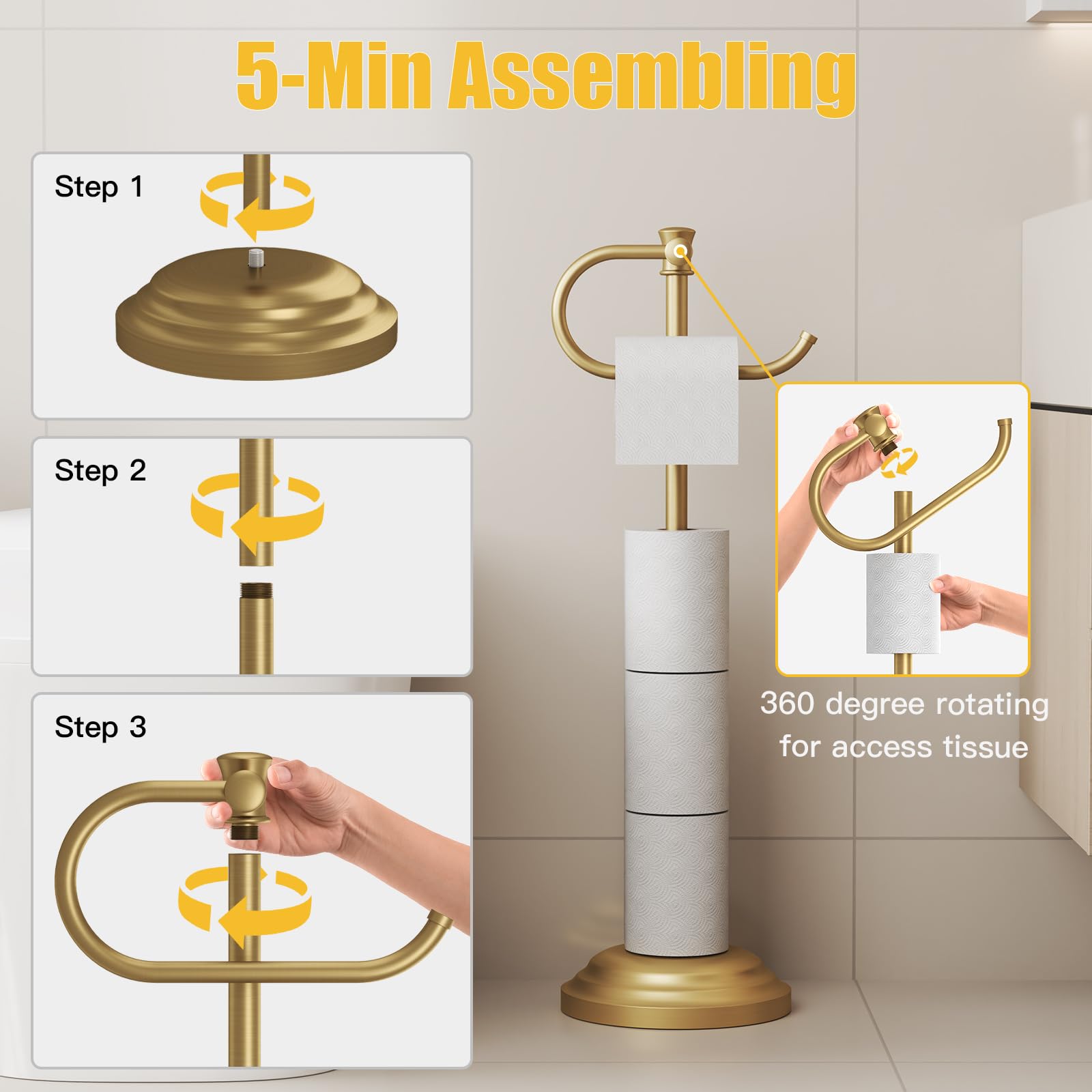 BESy Toilet Paper Holder Floor Stand, Bathroom Freestanding Gold — Amazon image 3