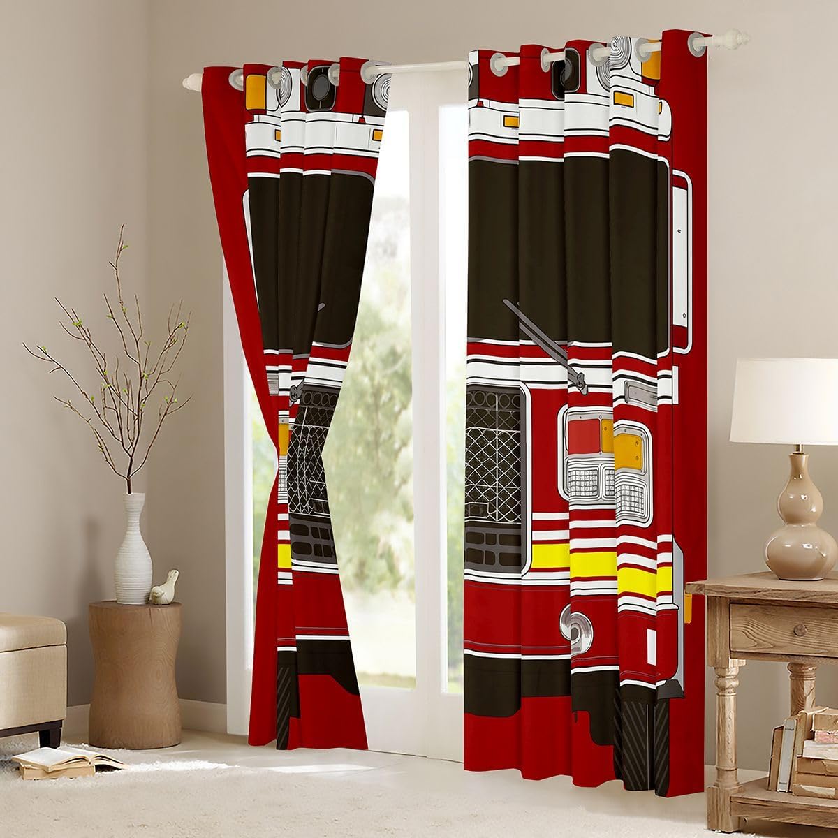 Erosebridal 3D Fire Truck Print Curtains for Kids Adults, Engine Window Treatment Black Red Firemen Car Vehicle, Cartoon Firefighter Draperies Fighting Vehicle Bedroom Decor 2 Panels 38" Wx54 L