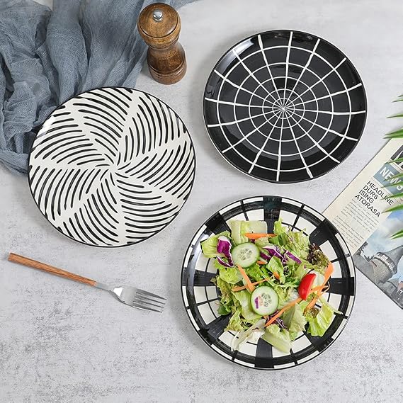 Black Plate Set 8 Inch - Salad Plates | Dessert Appetizer Plates - Porcelain Lunch Plates - Set of 6 - Dishwasher and Microwave Safe