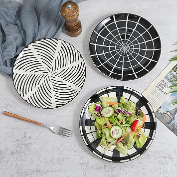 Black Plate Set 8 Inch - Salad Plates | Dessert Appetizer Plates - Porcelain Lunch Plates - Set of 6 - Dishwasher and Microwave Safe