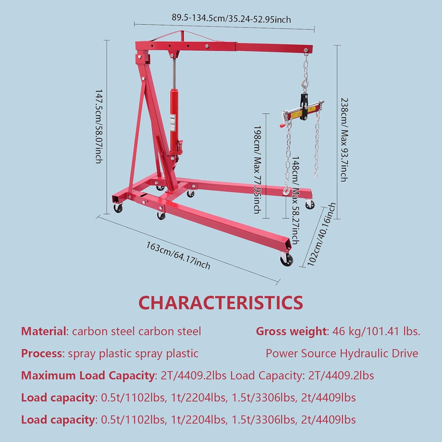 2 Ton Folding Hydraulic Engine Hoist with Lever, Heavy Duty Folding Shop Crane with 6 Casters Cherry Picker Shop Crane Hoist Lift, Engine Lift Lever for Engine Lift Loading(Sent in 2 Packages, red)