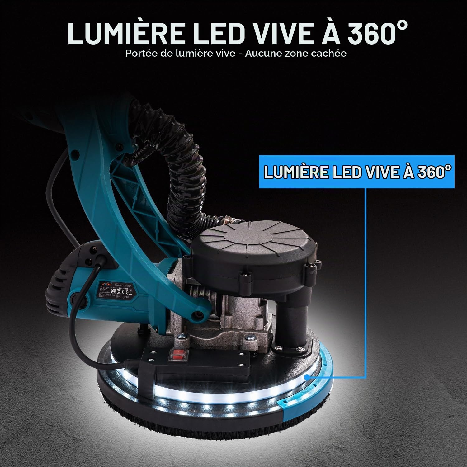 KATSU Tools Ponceuse Électrique pour Cloisons Sèches 800W avec Poignée Télescopique Pliable, Aspiration Automatique de la Poussière, Lumière LED, Vitesse Variable, dans un Étui