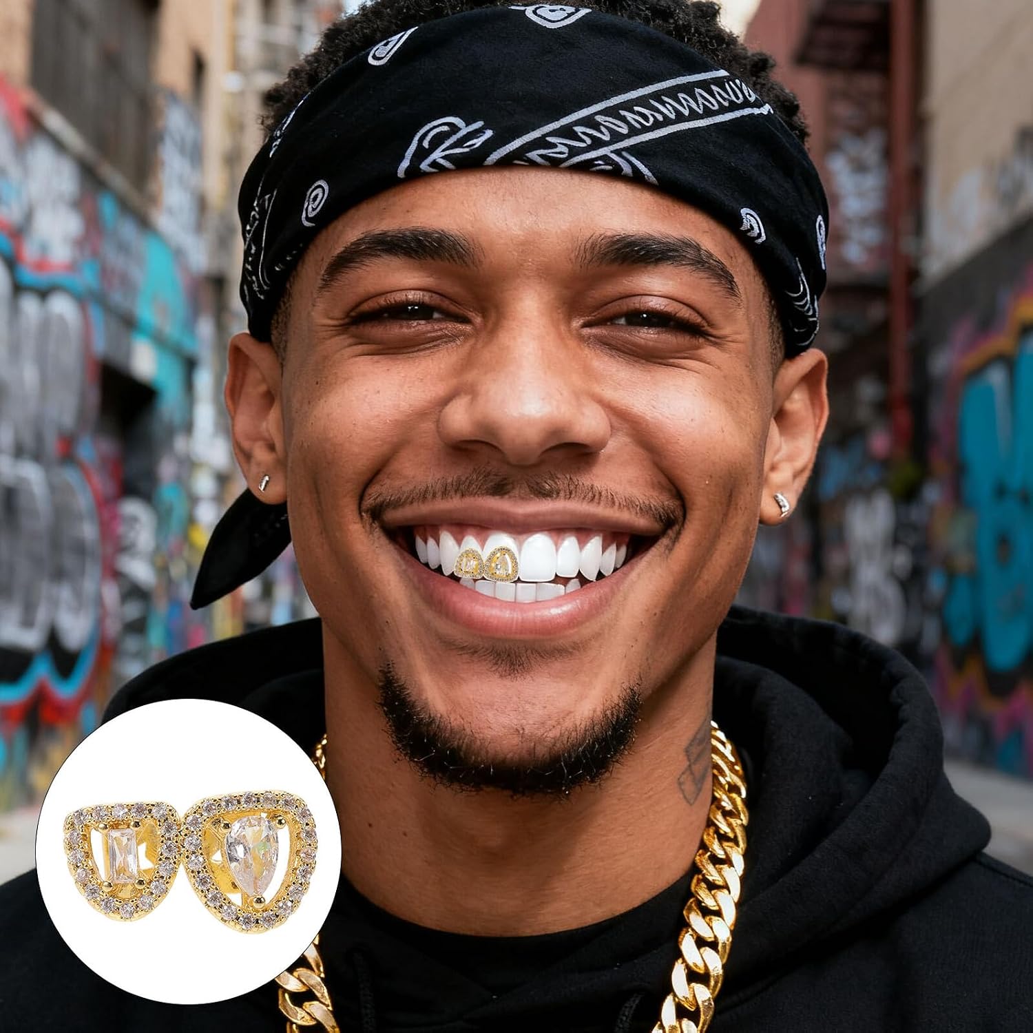 VALICLUD Hip Hop Double Hollow out Teeth Grill with Large Zirconium Stones, Detachable Metal Tooth Jewelry for Adults, Gold Color Dental Grills for Cosplay and Streetwear