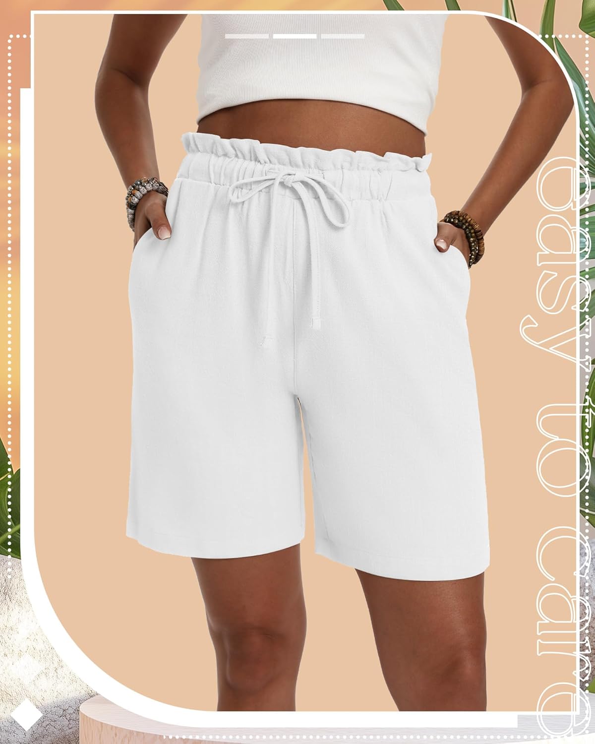 Neer 3 Pack Women's Linen Bermuda Shorts Summer Wide Leg Casual High Waist Drawstring Mid Length Shorts with Pockets - Image 6