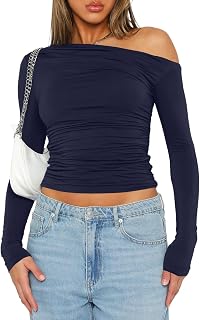 Women's Casual Long Sleeve Boat Neck Off Shoulder Slim Fit Crop Top Going Out Blouses Y2K Tight Shirts