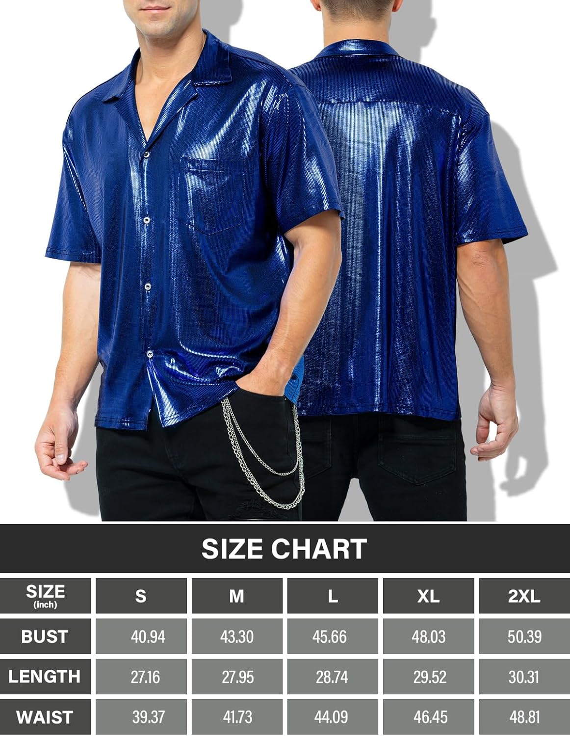 Casey Kevin Men's Short Sleeve Collared Metallic Shirts Button Down Reflective Sequin Rave Outfit Holographic Disco Top