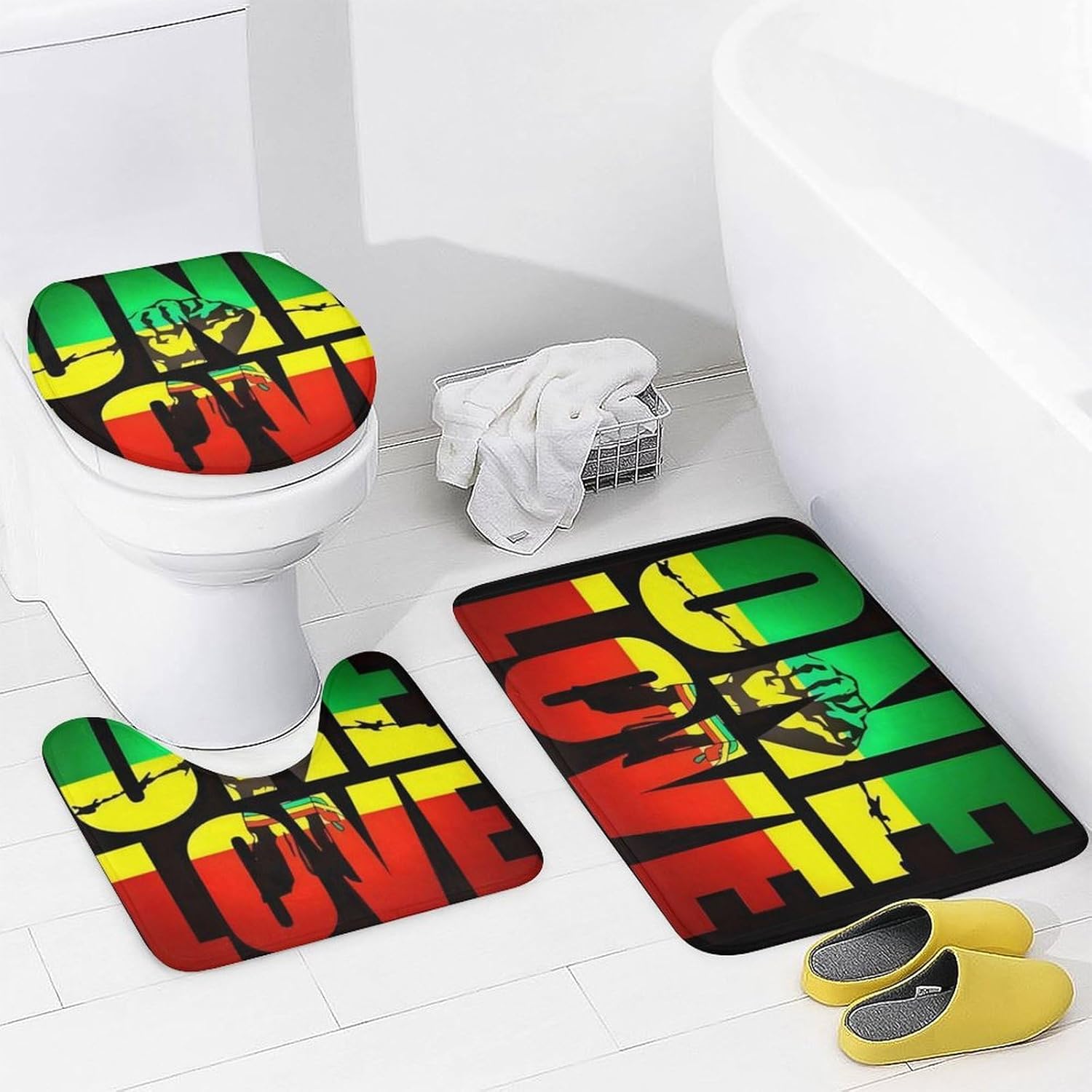 Rasta Jamaican Reggae One Love 4 Pcs Shower Curtain Sets Non-Slip Rugs U-Shaped Bath Mat, Toilet Cover, Abstract Geometric Modern Bathroom Set.