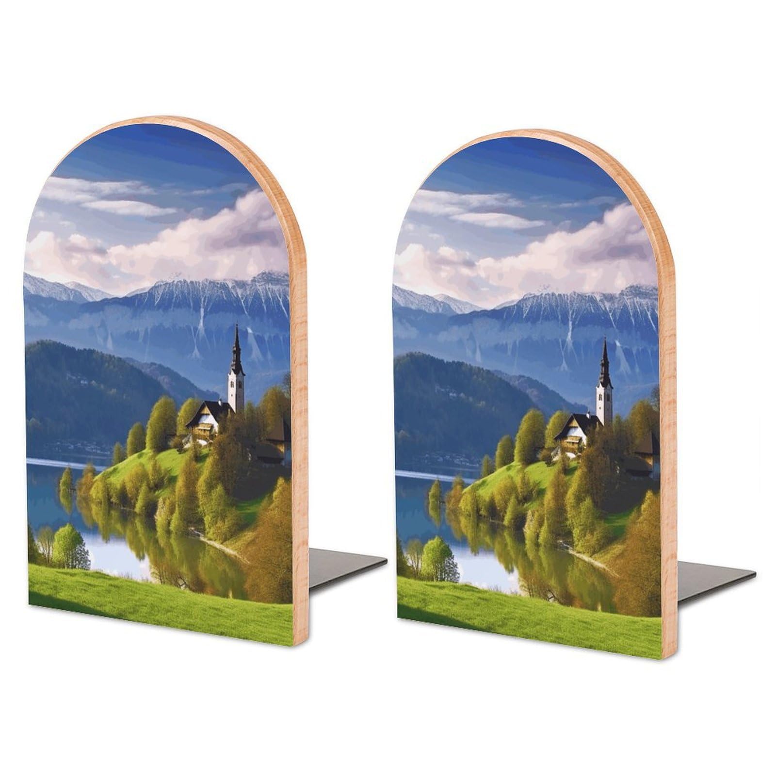 Serre-livres réglable en bois grand format pour bureau avec décor paysage de Slovénie