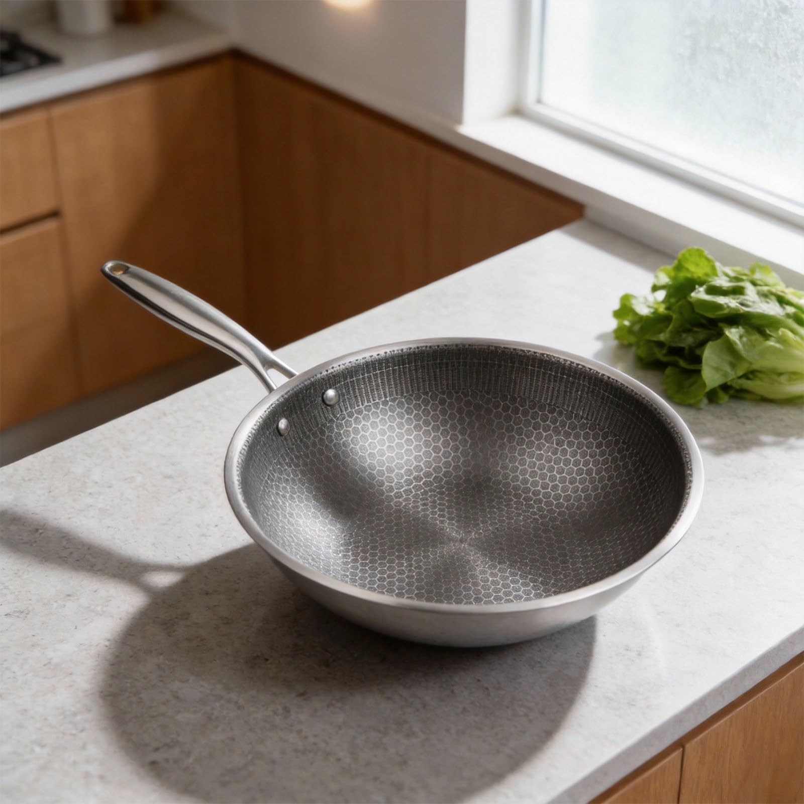 Wok in acciaio inox con rivestimento antiaderente – senza PFAS, motivo a nido d'ape antigraffio, lavabile in lavastoviglie, per forno a induzione a gas, 30 cm, argento (32 x 32 x 11 cm)