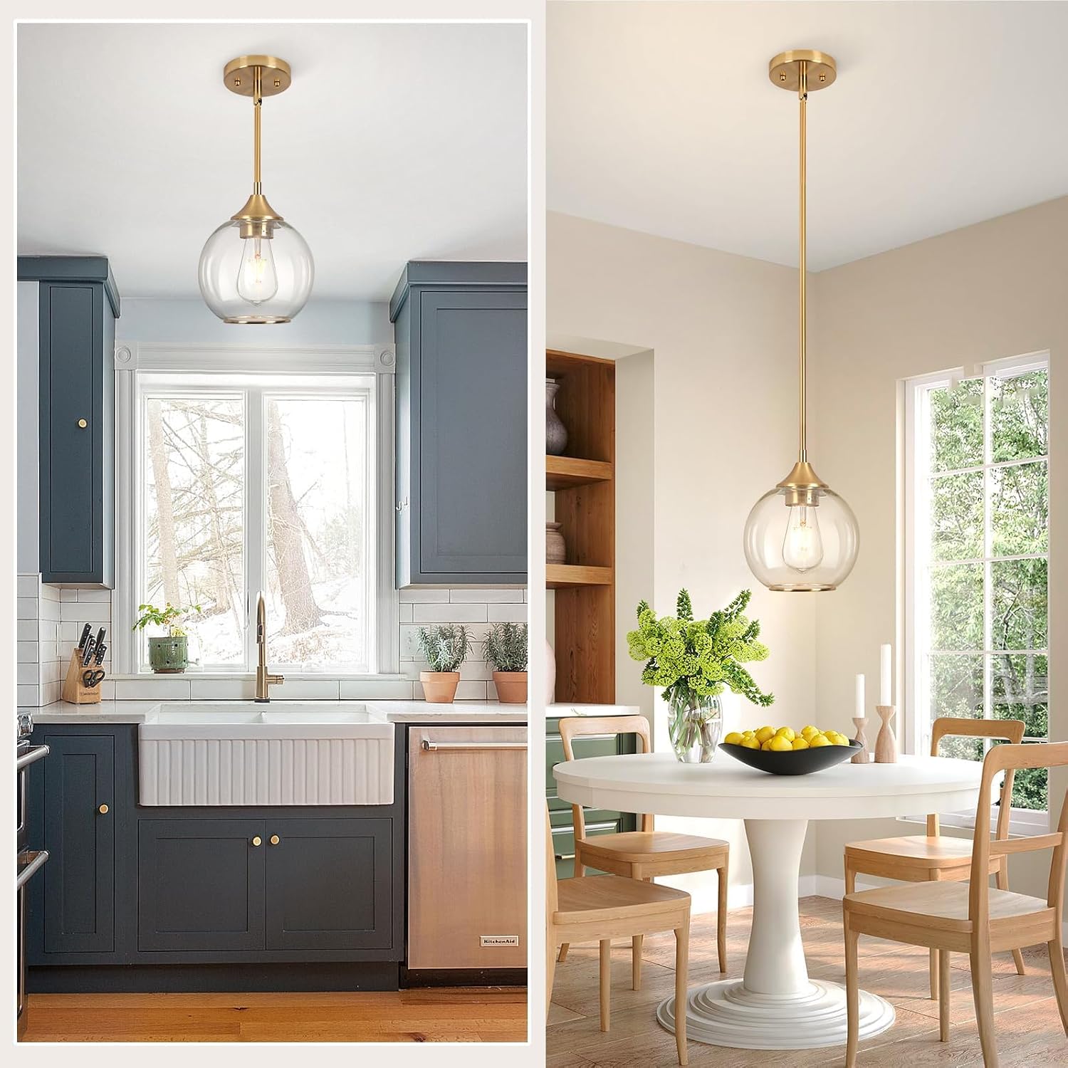 Pendant Lights Kitchen Island,Farmhouse Gold Pendant Light with Clear Glass Globe Shade,6.29" Glass Pendant Light for Brushed Bronze Finish Farmhouse Entryway Dining Room Kitchen Island 2PCS