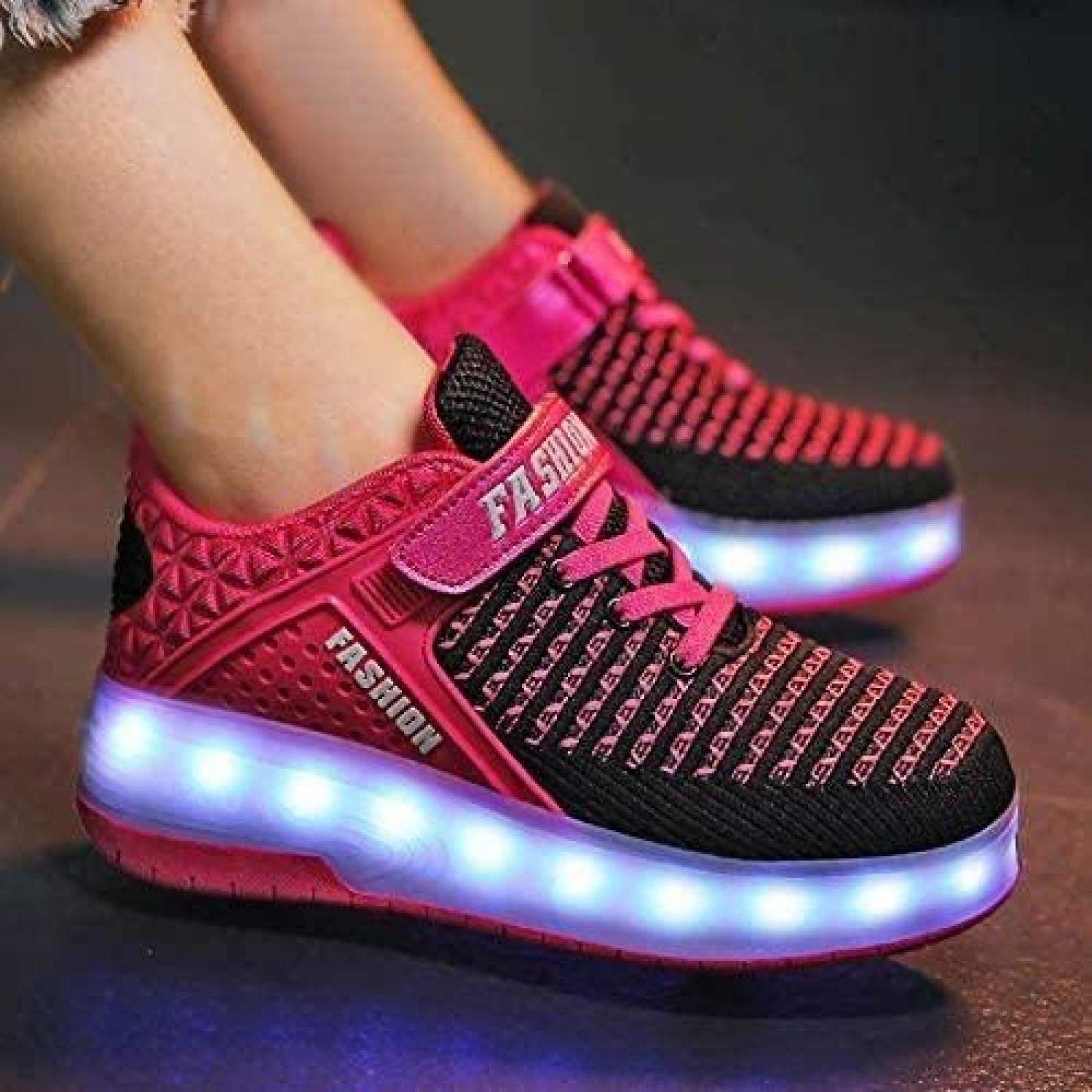 Zapatillas De Skate LED con Ruedas Dobles Zapatillas De Skate Zapatillas con Ruedas LED Niños Niños Niñas Gimnasia Al Aire Libre Zapatillas De Moda Técnica,Pink-28 EU