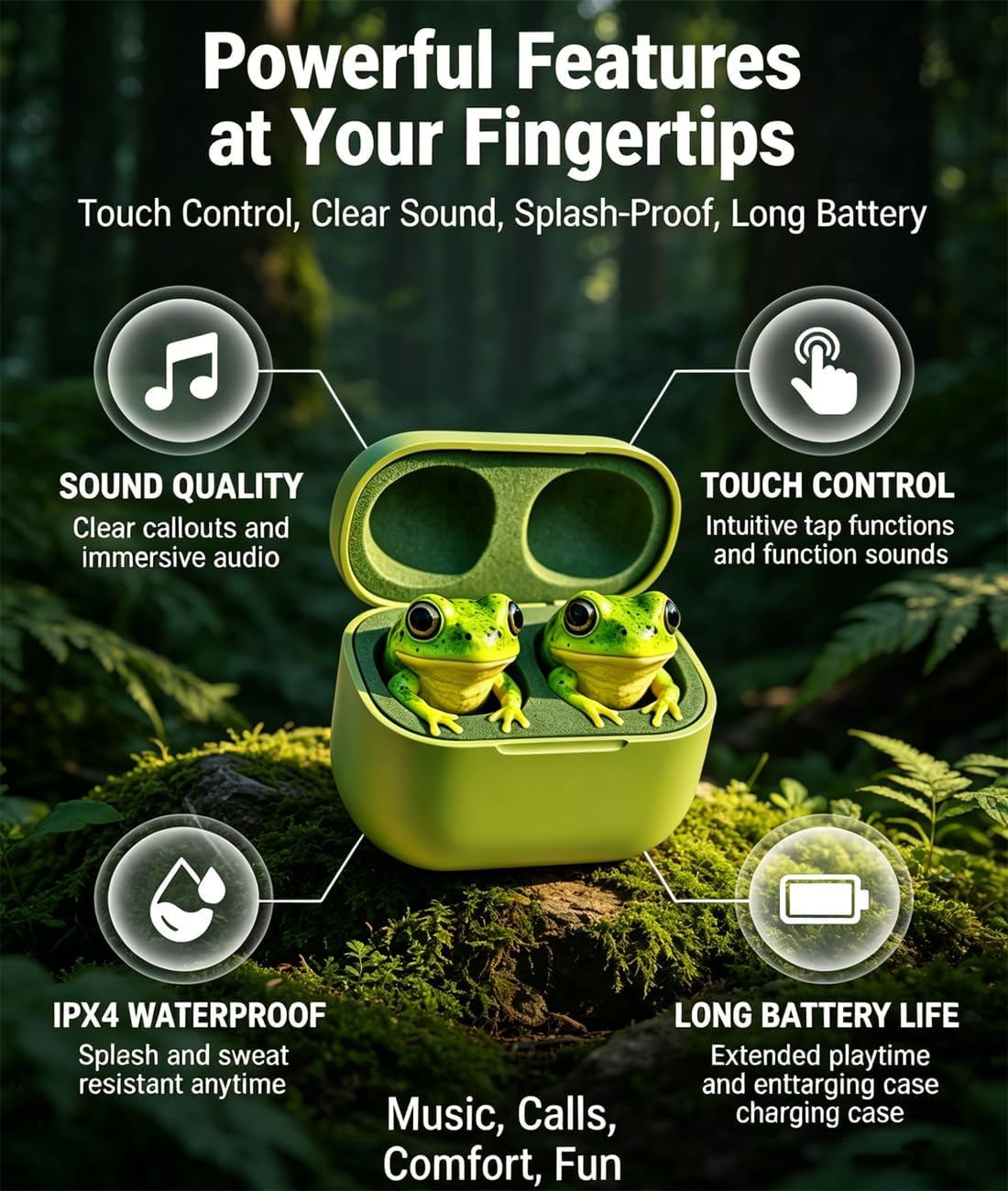 Frog Earbuds, Animal Earbuds, Frog Earbuds Wireless Bluetooth, Cute Animal Shaped Bluetooth Earbuds - Wireless Stereo Headphones with Noise Reduction Mic, Touch Control, Waterproof (C)