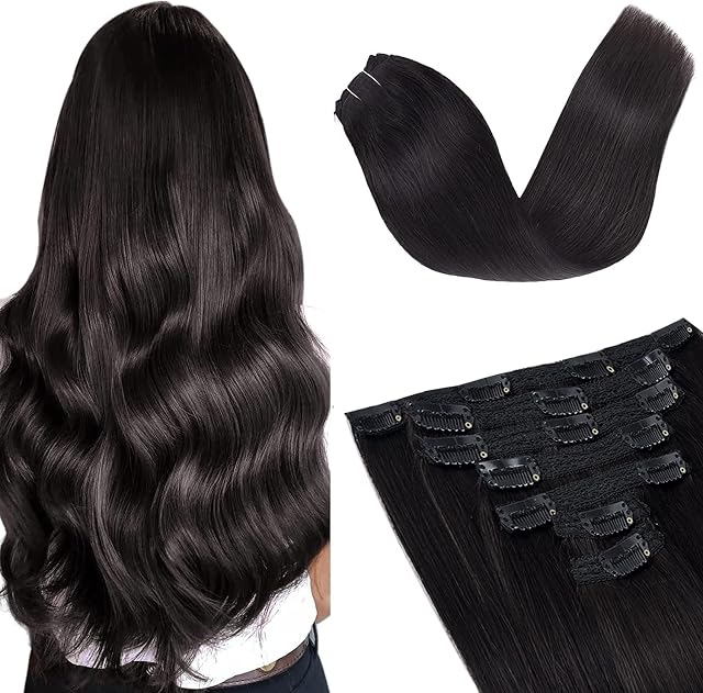 Vlasy Clip in Hair Extensions Human Hair,Seamless Hair Extensions Clip in Real Human Hair,7 Pieces Straight Black Natural Thick Weft Human Hair Clip in Extensions for Women 1B# 12 Inch(60 g)