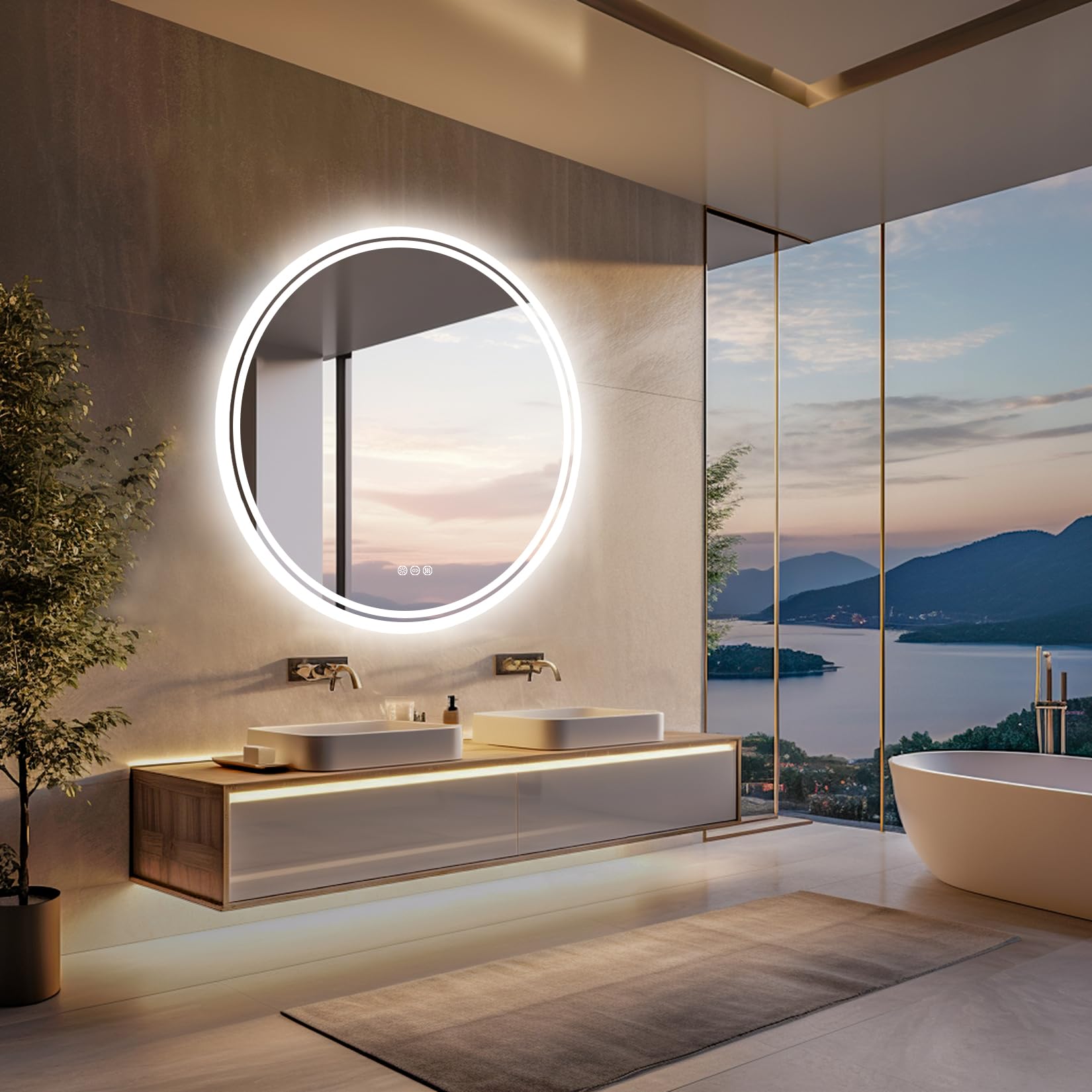 LUVODI - Espejo redondo LED retroiluminado, 80 cm, para cuarto de baño, luminoso, regulable, conectado, antivaho, botón táctil inteligente, maquillaje y afeitado, IP65, regulable, memoria