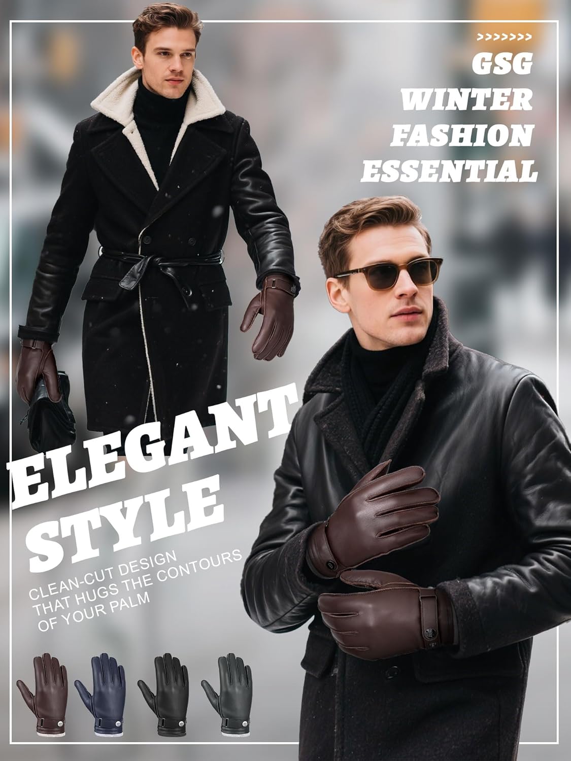 GSG leather gloves for men Sheepskin Classic Driving Gloves Winter Touchscreen Wool Lined Warm Gloves - Image 5