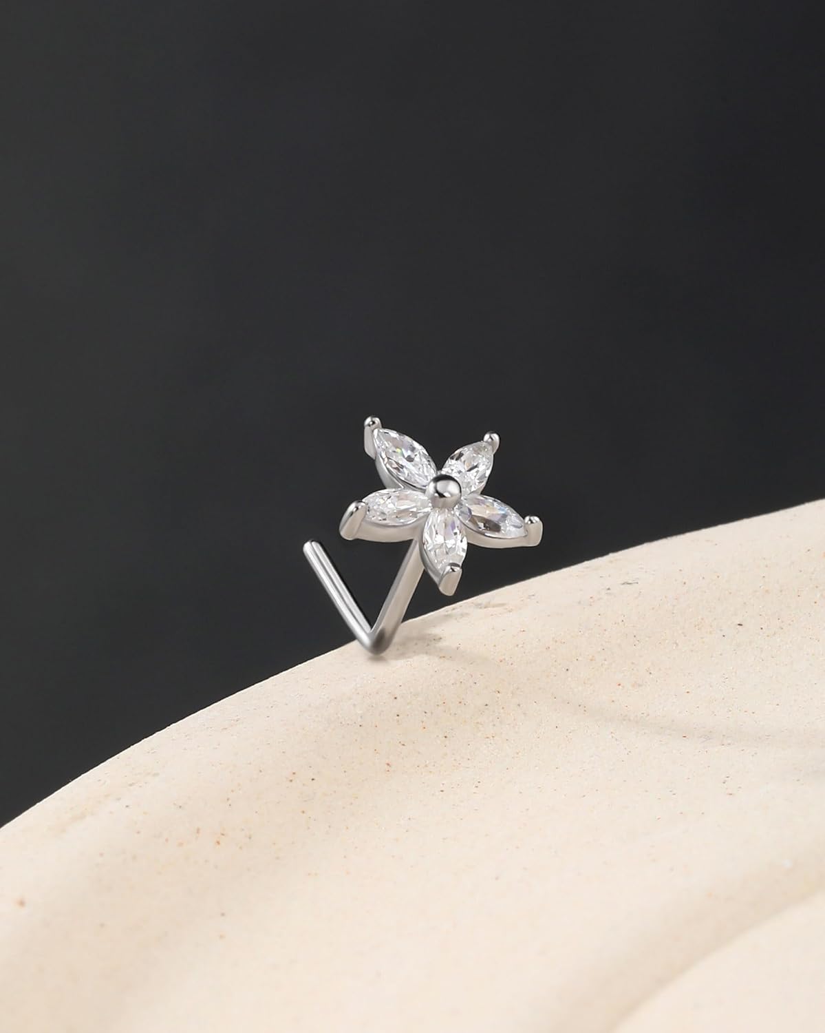 Jewseen 925 Sterling Silver Nose Stud Rings 20g Nose Rings L Shaped Nose Stud Flower Nose Piercing Jewelry for Women Men - Image 3