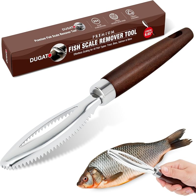 Fish Scale Remover, Stainless Steel Scaler with Wood Handle | Serrated Descaler Scraper for Quick Fish Cleaning, Rustproof Blade, Seafood Prep for Kitchen & Outdoor