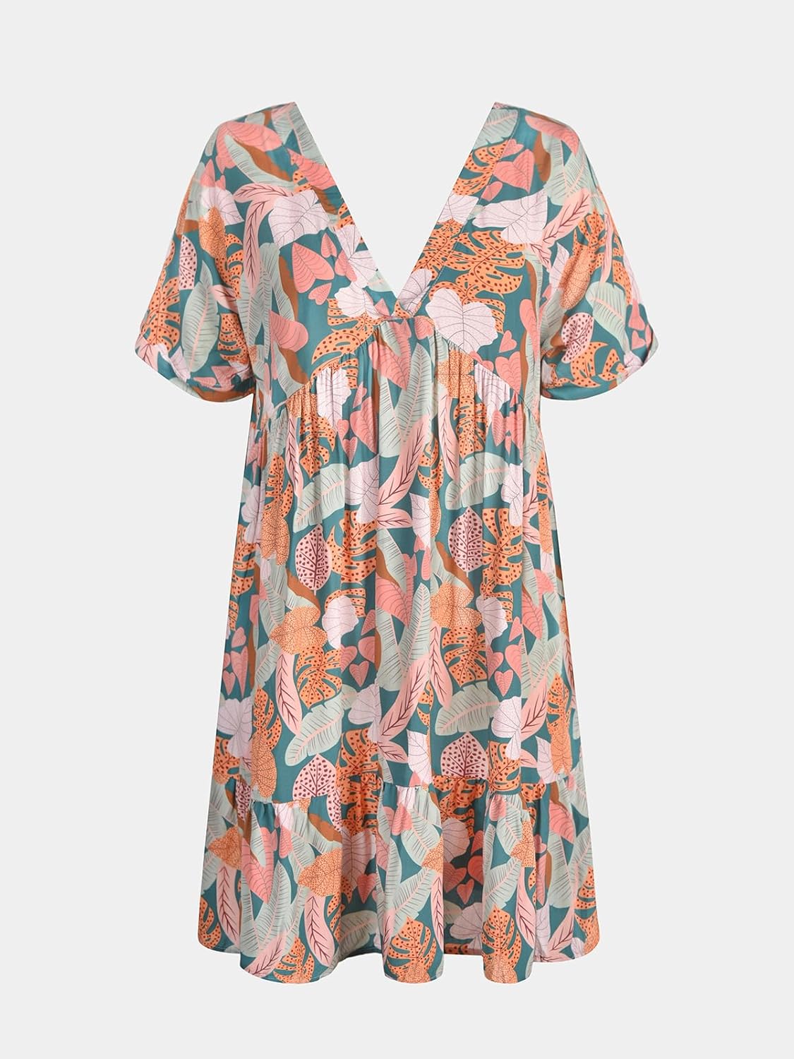 CUPSHE Women's Mini Dress V Neck Tropical Short Sleeve Loose Fit Ruffled Short Summer Beach Dress - Image 5