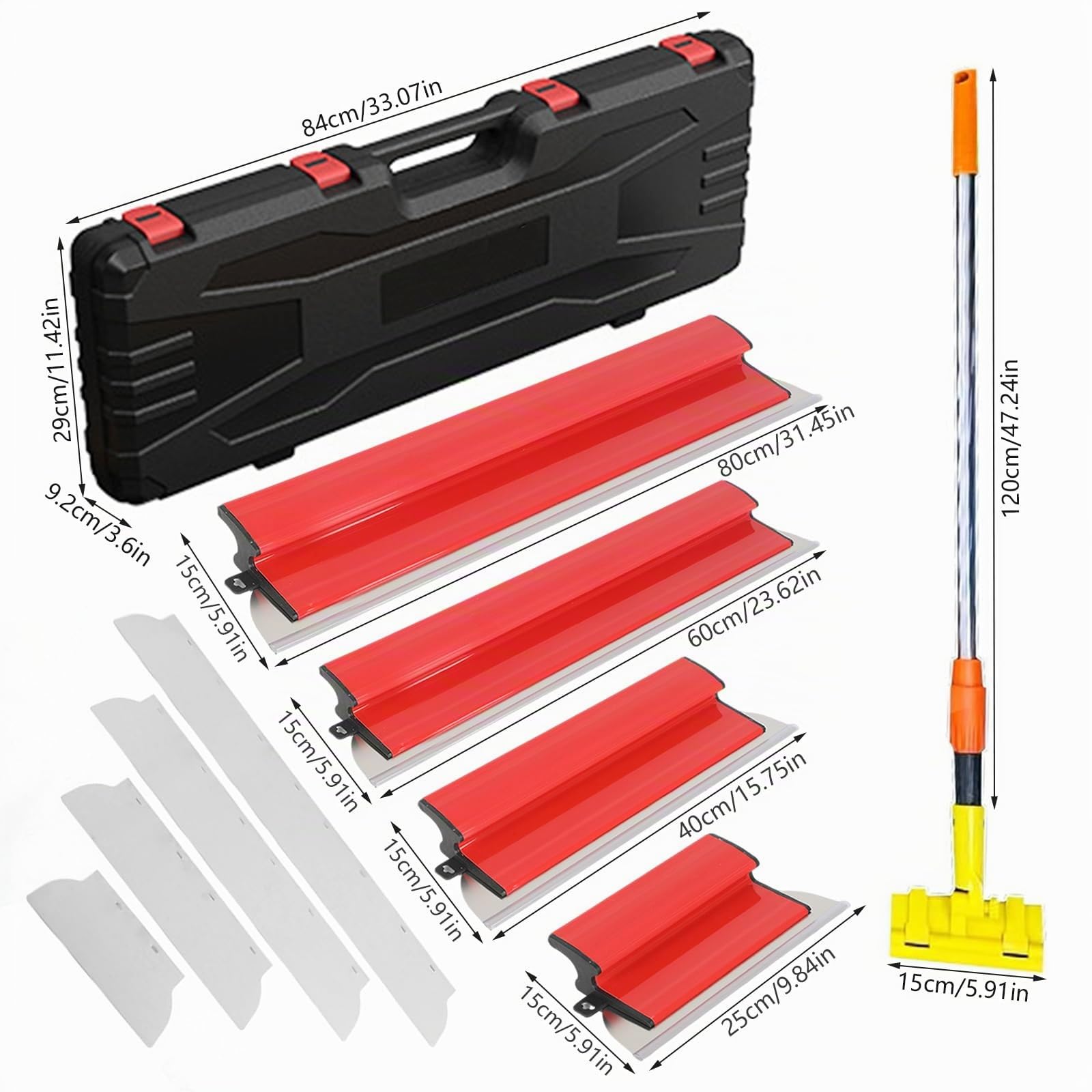Set di spatole per superfici, 11 spatole (4 attrezzi e 4 lame in acciaio inox sostituibili e asta telescopica da 1,2 m e scatola di trasporto), manico ergonomico, per intonacare pareti e soffitti