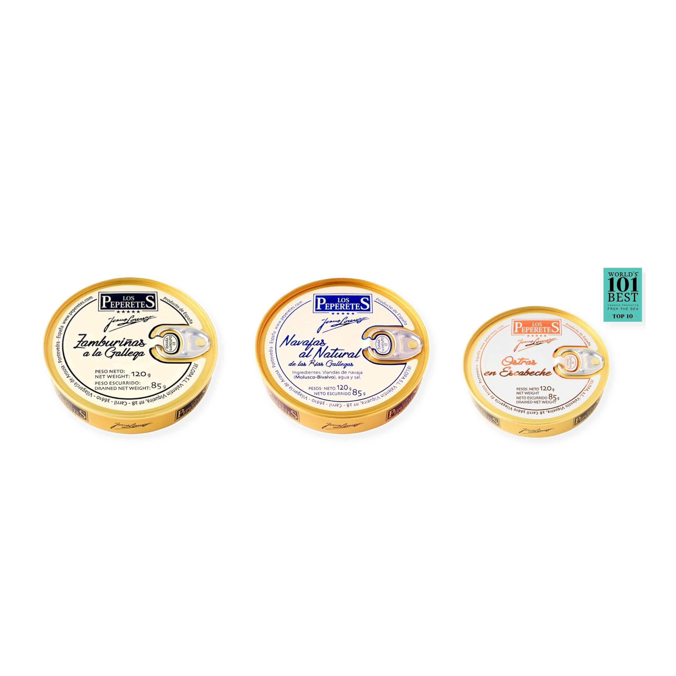 los peperetes conservas Zamburiñas Gallega, Navajas Natural y Ostras Escabeche pack 3 latas
