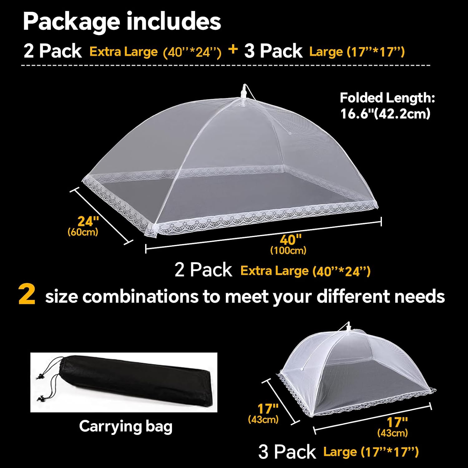 5 Pack Mesh Food Covers, Two Sizes(40 * 24 Inch 17 * 17 Inch),Pop Up Foldable,Suitable For Barbecues Outdoor Activities Parties, Picnics Fruit Parties, Etc.