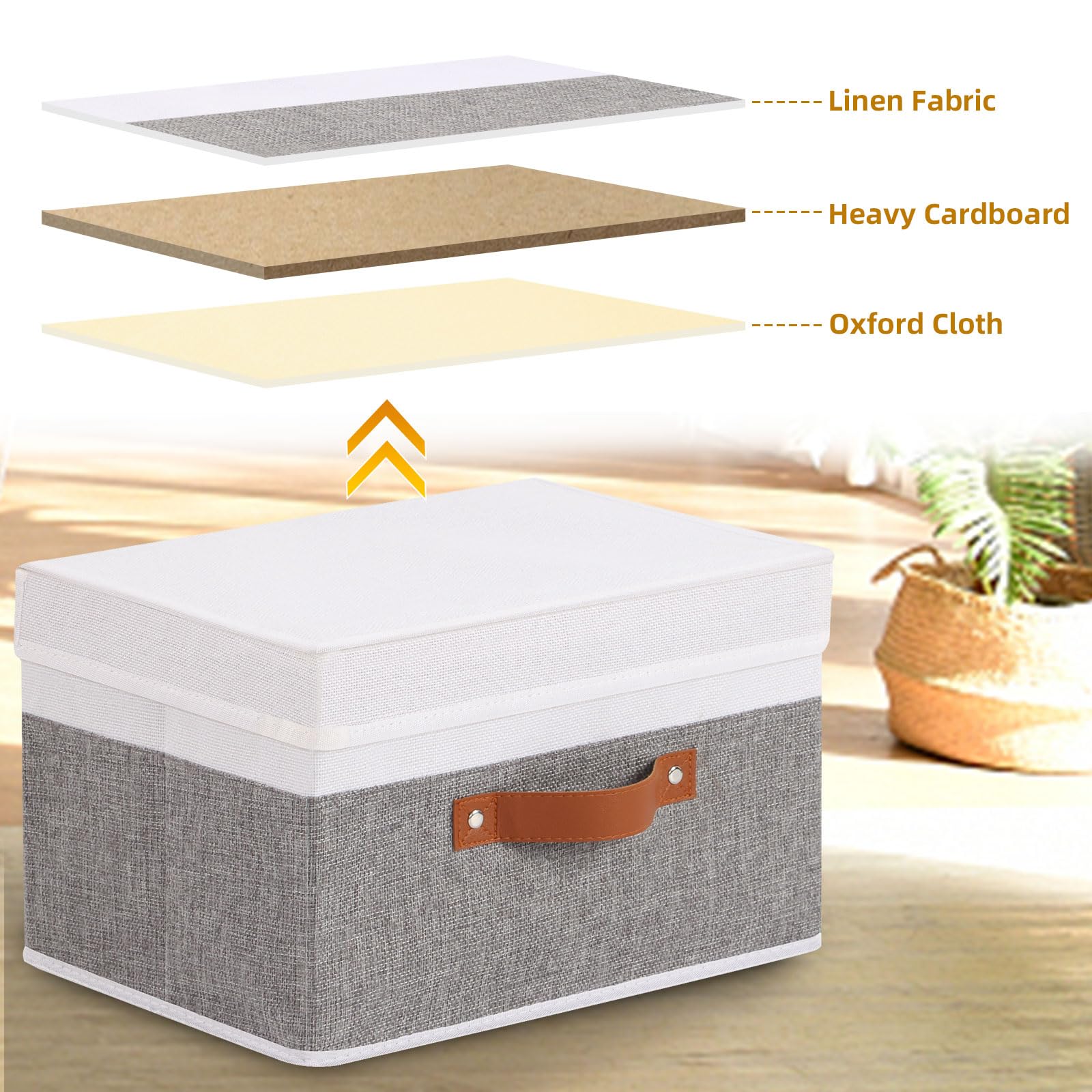 5 Pezzi Scatole con Coperchio, Scatole Portaoggetti Pieghevoli, Cubo di Stoccaggio in Tessuto con Manici, per Vestiti da Letto a Casa,Ufficio,Scuola, Bianco e Grigio, 33x23x20cm