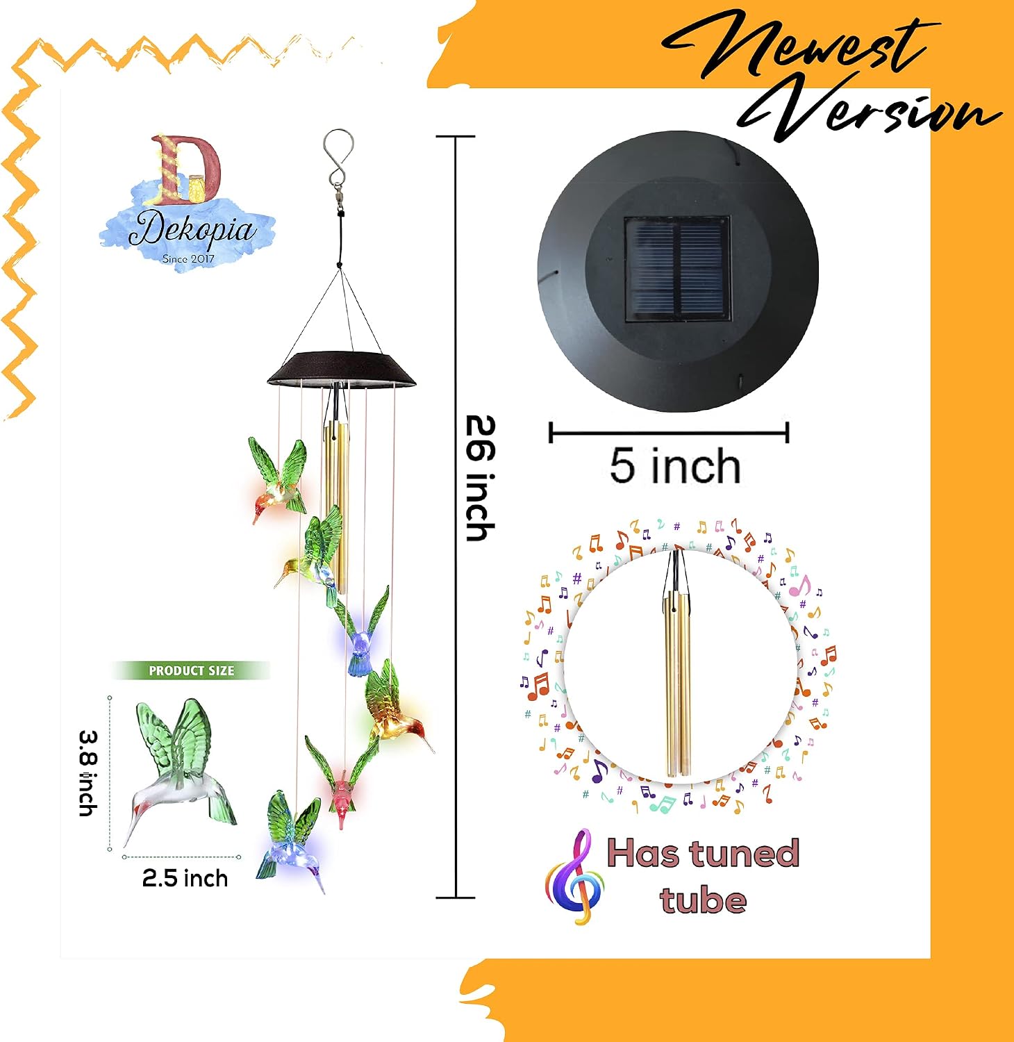 Dekopia [Updated] Solar Wind Chimes Humming Birds with 03 Tuned Tubes Solar Hummingbird Wind Chime Outdoor Color Changing Waterproof Design Night Party Garden Decoration Christmas Ornaments Gift