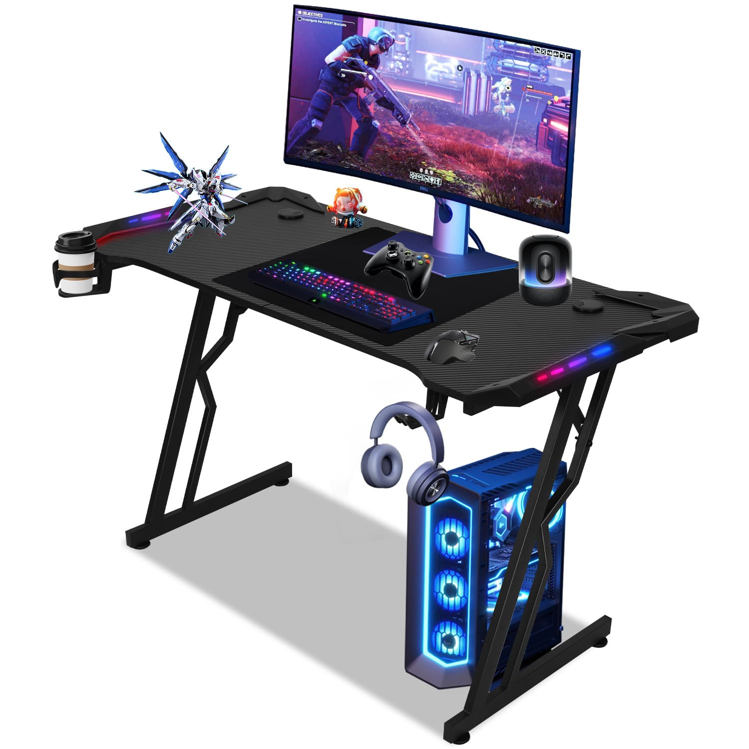 Scrivania Gaming LED 140 x 60cm, Tavolo Gaming Ergonomica, Postazione Gamer con Superficie in Fibra di Carbonio, Scrivania per Computer con Porta Tazza e Gancio per Cuffie, Nero