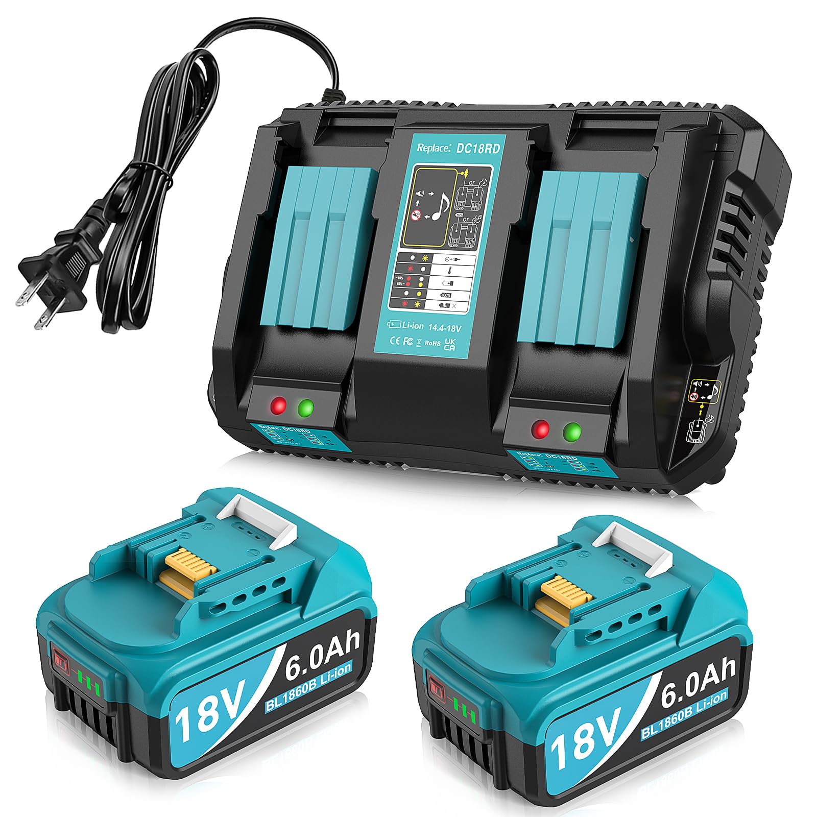 2 stuks 5500 mAh vervanging voor accu 18 V oplader met twee poorten voor 14,4V-18V DC18RD compatibiliteit met BL1850B BL1860B BL1860 BL1850 en DC18RC DC18SF DC18RA DC18RF etc