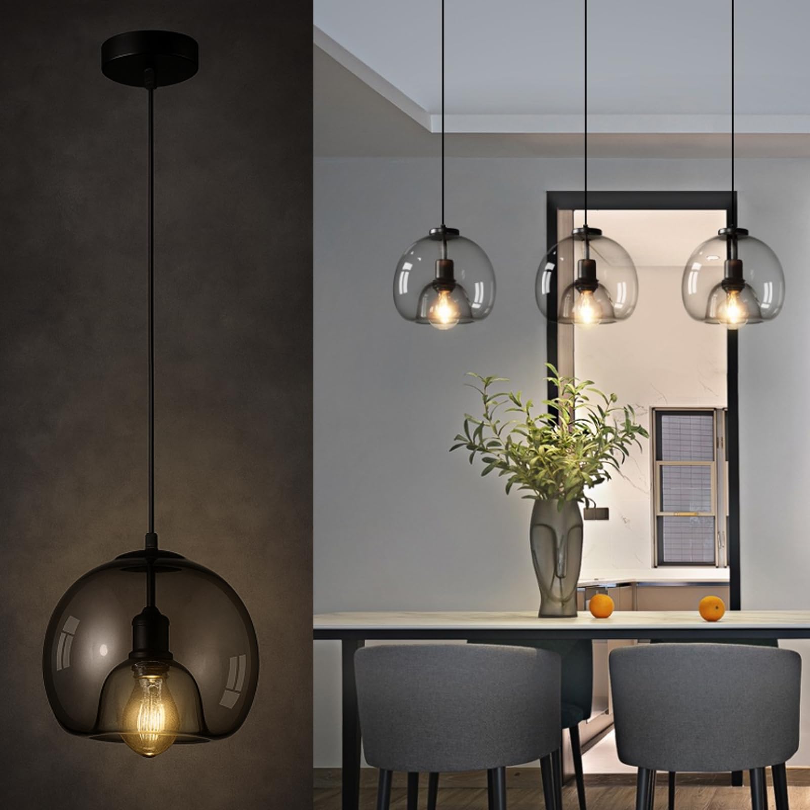 HYJAUSXB Modern Blown Glass Pendant Light Shade, E27 Hanging Ceiling Fixture, Vintage Style Chandelier for Kitchen Island, Dining Room, Living Room u2013 Clear Lampshade, Adjustable Height