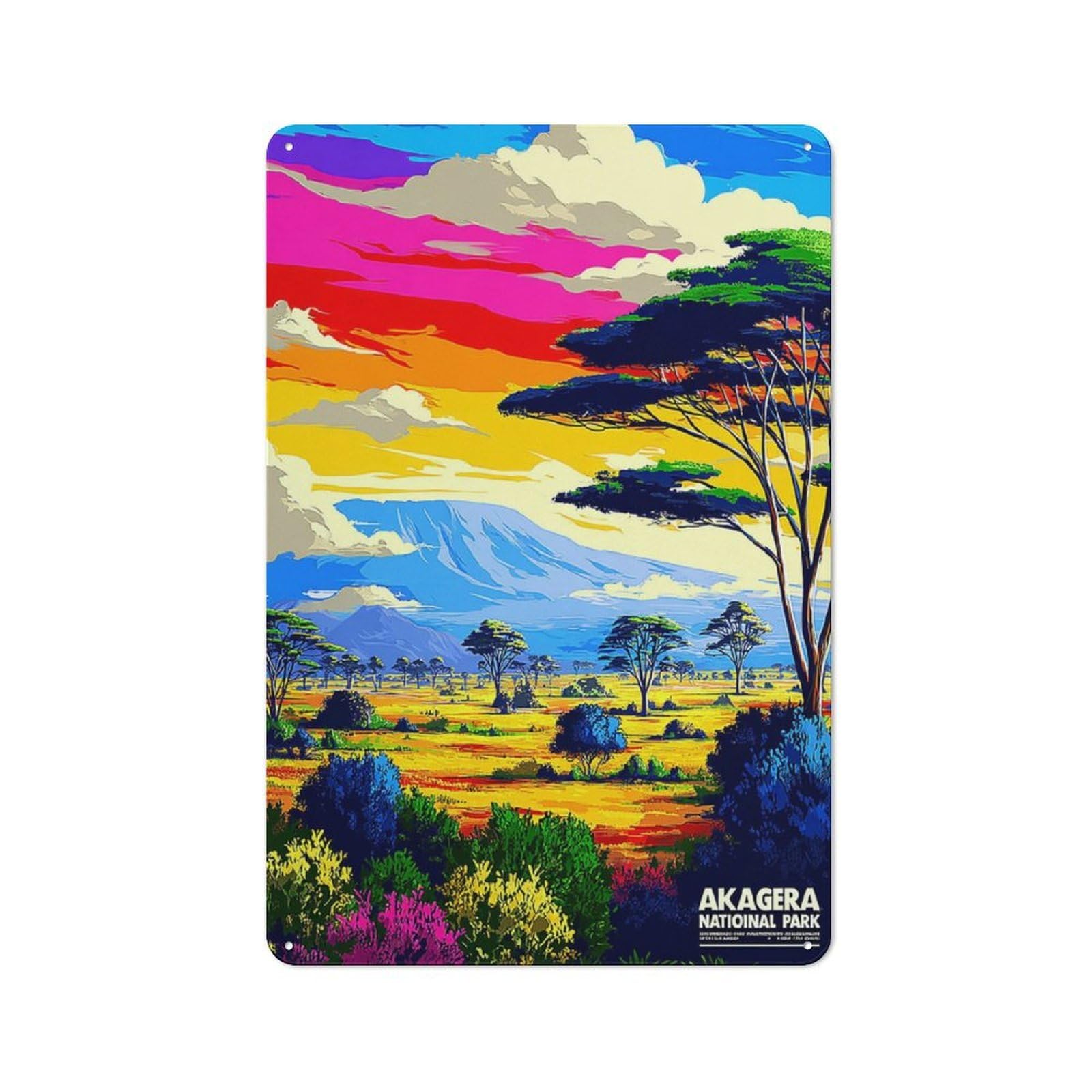 Akagera National Park Sunset Vintage Tin Sign 30x20cm, Rustic Bistro Wall Plaque for Kitchen, Cafe, Pantry Or Dining Room