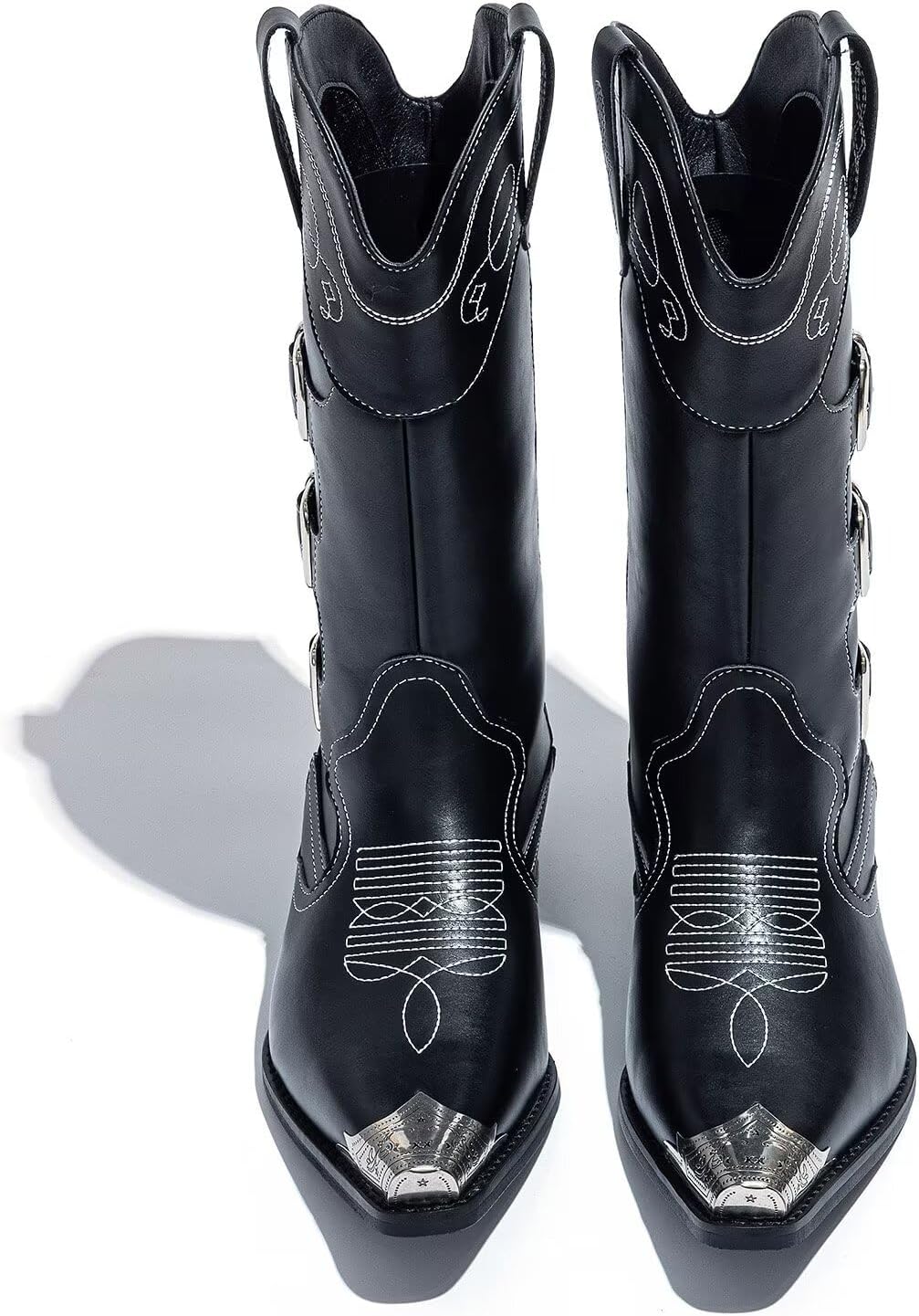 Men’s Western Cowboy Boots with Triple Buckle Straps, Pointed Toe, Durable Leather Riding Boots - Image 7