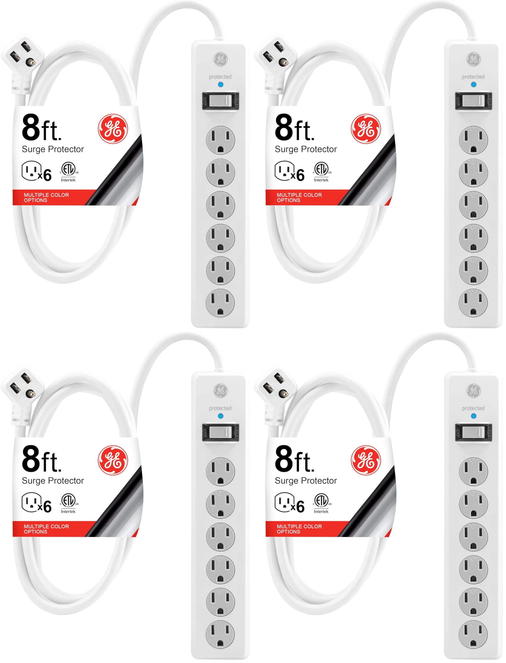GE Surge Protector Power Strip,8 Ft Extension Cord,6 Outlet Extender,800 Joules,Flat Plug,Twist-to-Close Safety Covers,ETL Listed,White,67044,(Pack of 4)