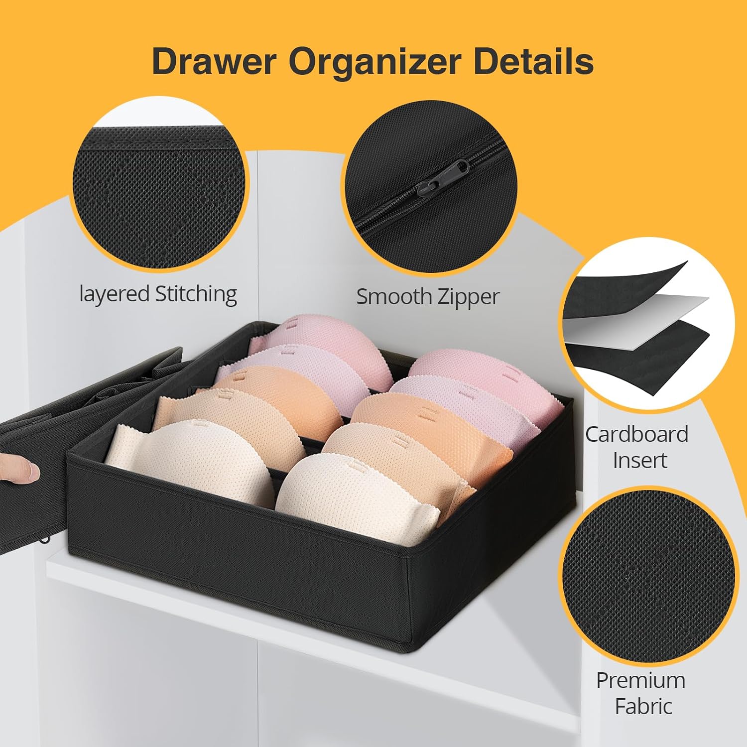 6 in 1 Clothes Drawer Organiser Dividers, Foldable Storage Boxes Fabric Wardrobe Draw Organizer for Clothing, Socks, Underwear, Ties, Bedroom, Black - Image 4