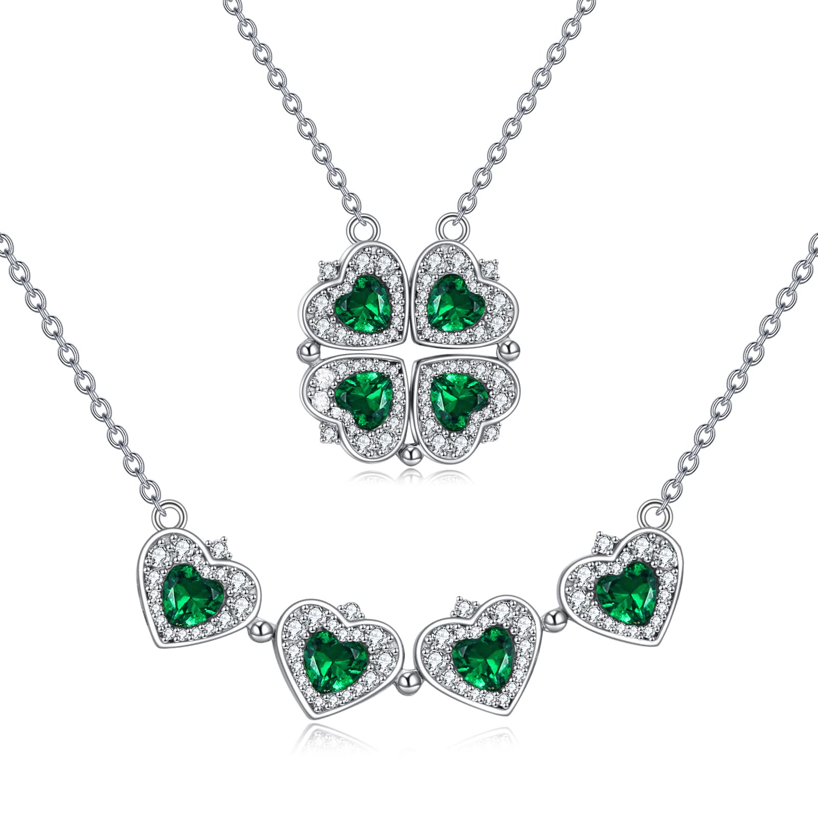 POPLYKE Collar de plata de ley con colgante de trébol de cuatro hojas de la suerte para mujer, circonita cúbica, corazón