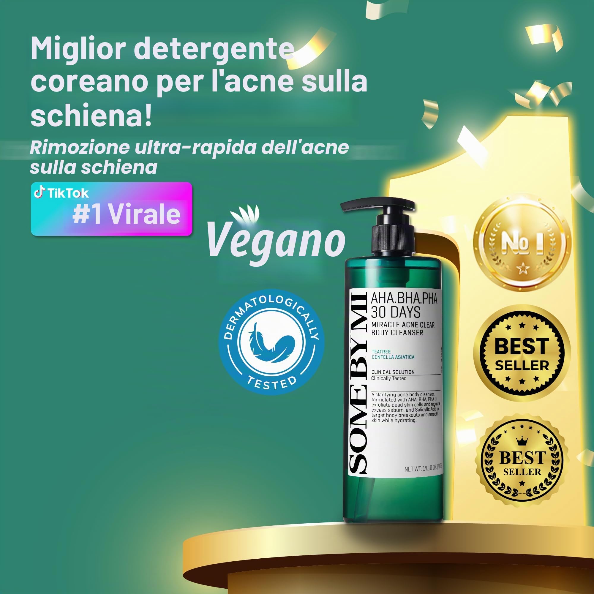 SOME BY MI AHA BHA PHA 30 Days Miracle Acne Clear Body Cleanser – 400ml – Detergente corpo quotidiano coreano con tea tree – Purifica il sebo e le impurità – Cura coreana