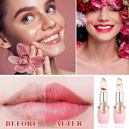 Miniatura 4 de Paquete de 2 lápices labiales con flores de gelatina de cristal, cambio de color de temperatura, brillo de labios, lápiz labial ph transparente,
