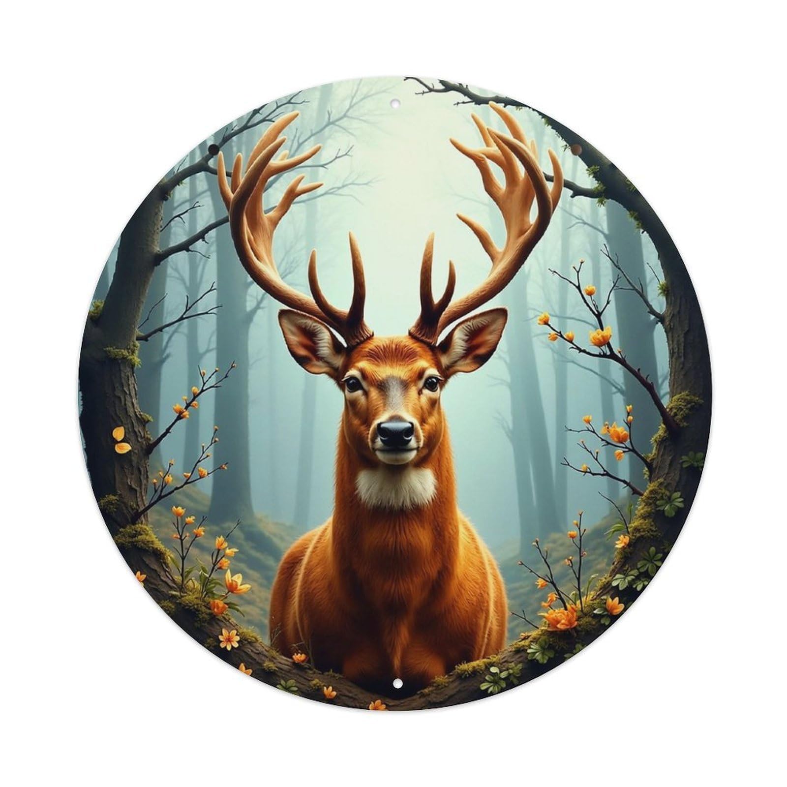 Majestic Deer In Misty Forest Vintage Metal Tin Sign Retro Wall Decor for Home Bar Garage Cafe, Indoor & Outdoor Decorative，circle Metal Poster, 8x8 Inch