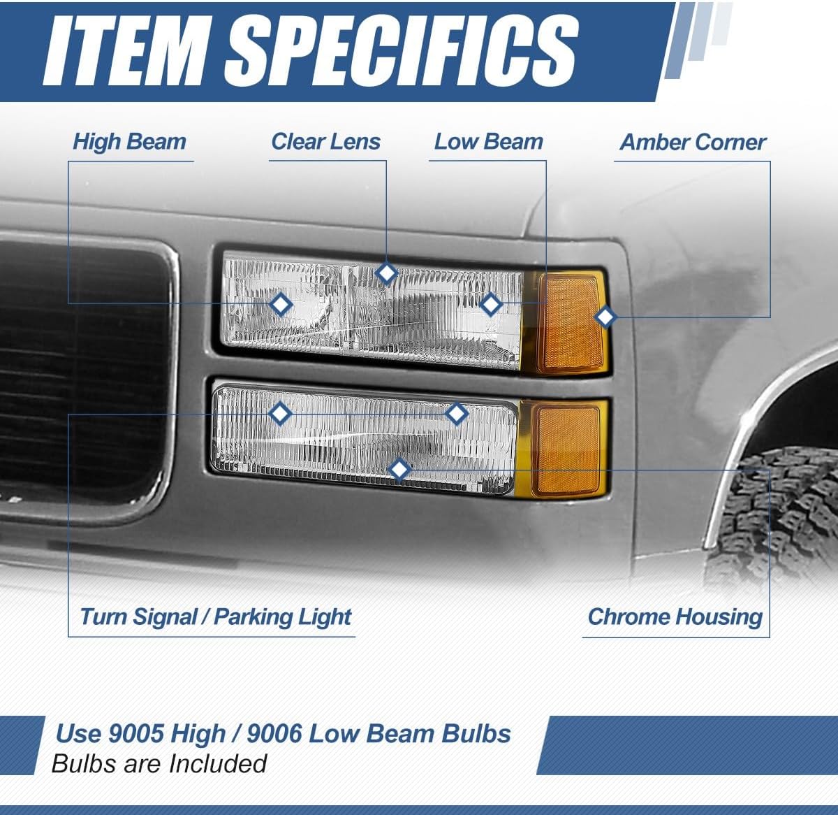 Auto Dynasty Headlights Assembly Compatible with 1994-1998 Chevy C10 Silverado Tahoe Suburban C/K 1500 2500 3500 Blazer, 8Pcs Composite Headlamps w/Bumper & Corner Lamps, Chrome Housing Amber Corner