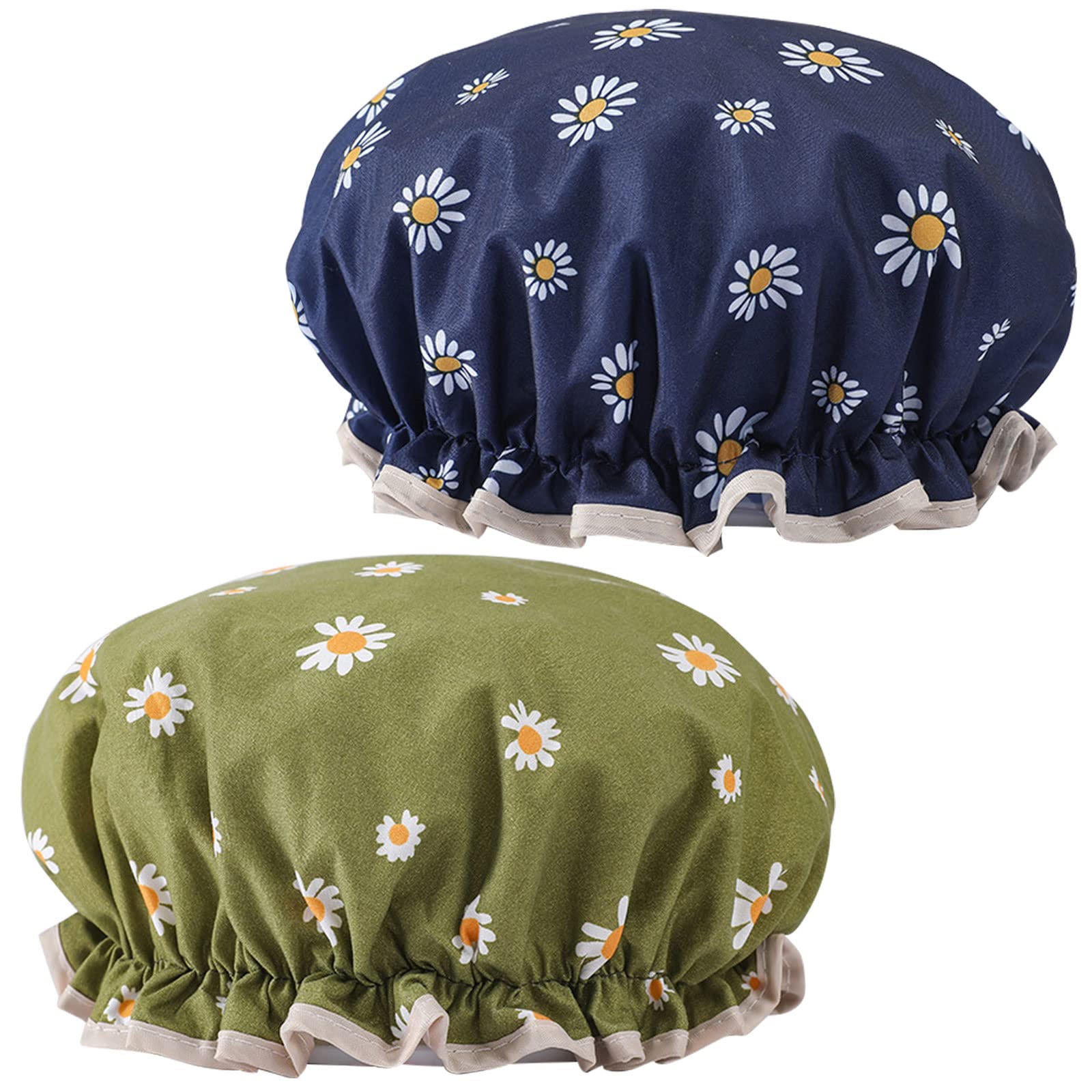 Ledeak Gorro de Ducha Mujer, Gorros de Baño Impermeables Reutilizables Gorro Ducha de Doble Capa, Gorro de Ducha Elástico para Mujeres Hogar Spa Viajes Hotel Cocina (Blu Navy+Verde)