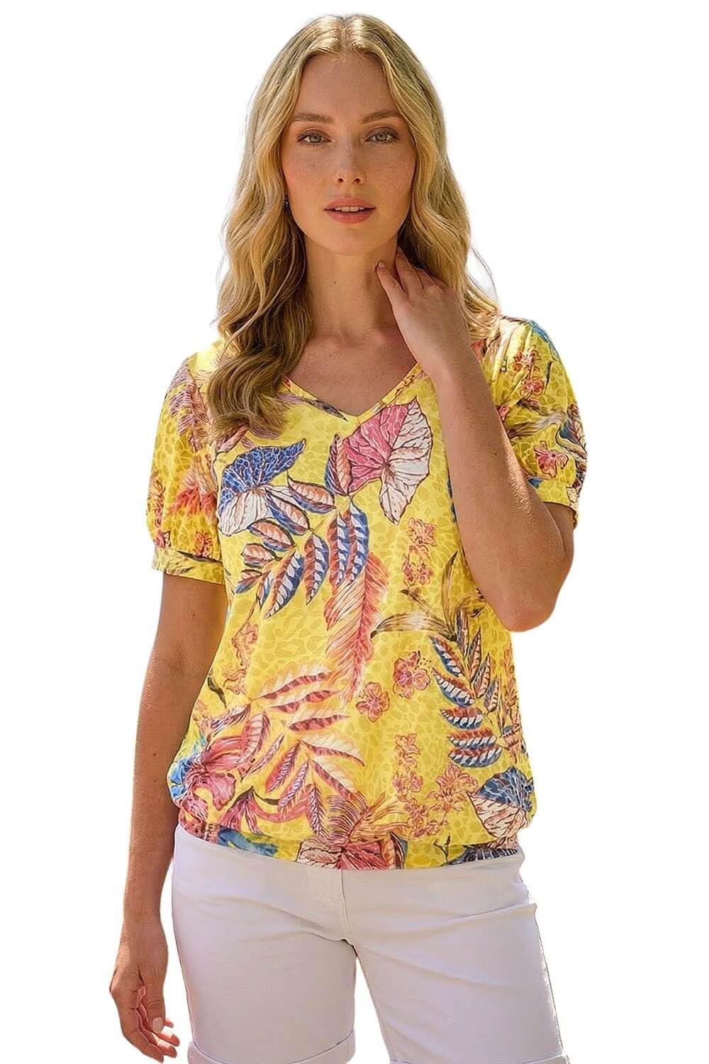 Roman Originals Women's Yellow Roman Blouson Top For Bubble Hem Stretchy Jersey Puff Sleeve Summer Smart Casual Office Work Spring Everyday Evening Vacation Work Holiday V Neck - Size 10