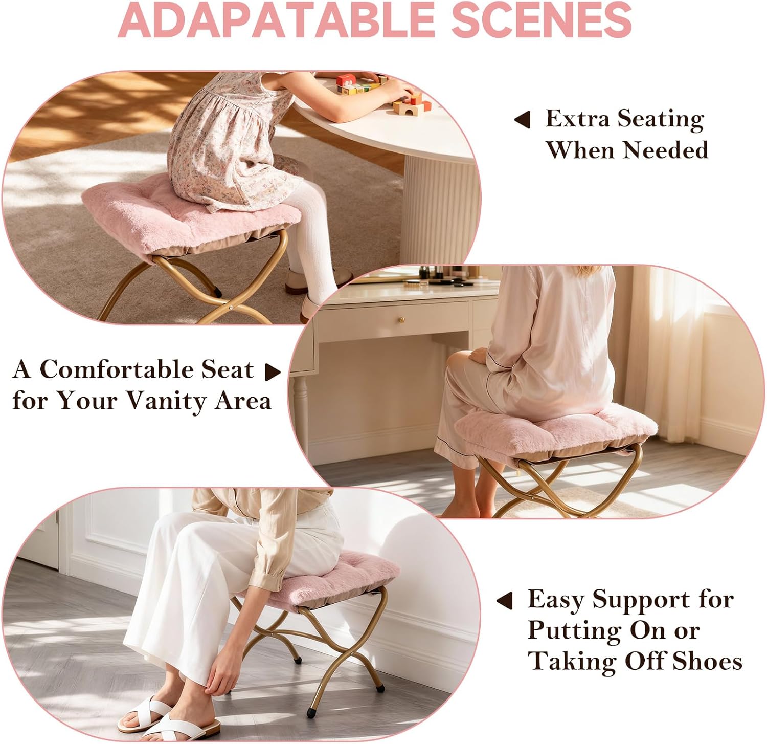 Furlide Dorm Chair with Ottoman, X-Large Soft Saucer Chair, Oversized Folding Faux Fur Accent Chair, Foldable Metal Frame Chair for Bedroom, Living Room (Pink)