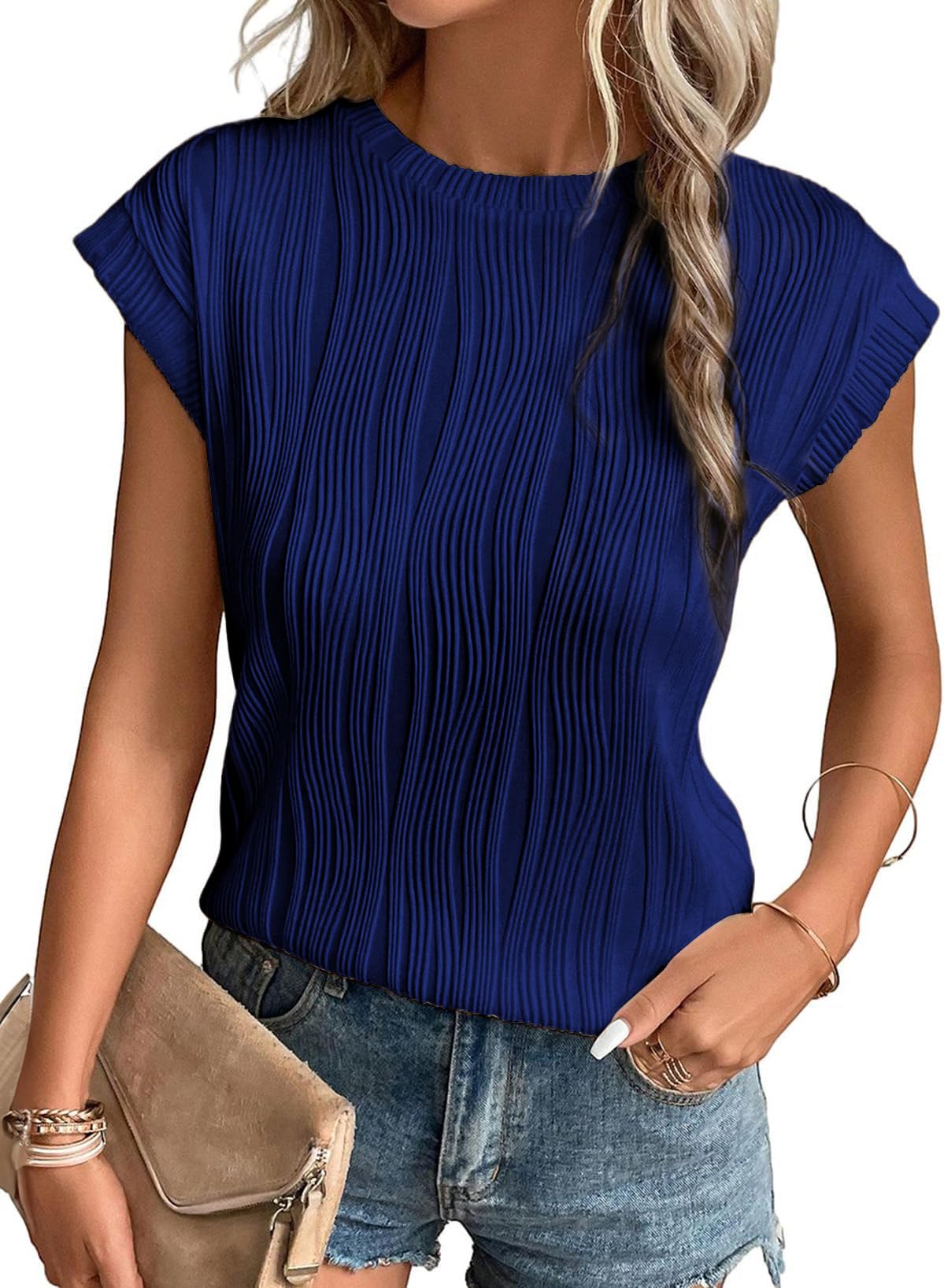 TrendiMax Damen T-Shirt Rundhals Kurzarm Sommer Shirt Flügelärmel Tshirt Casual Oberteile Bluse Tops