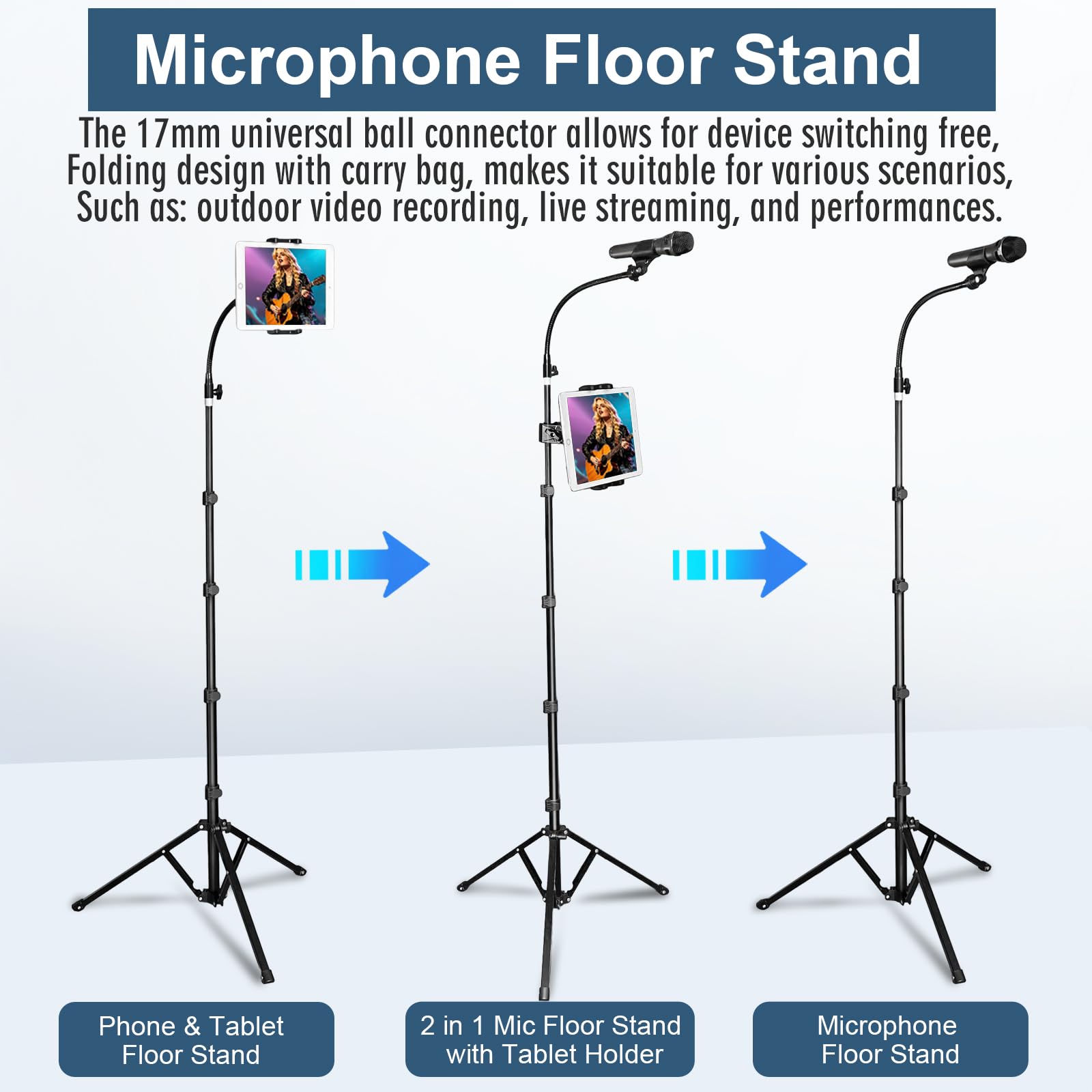 2-in-1 faltbarer Mikrofon- und iPad-Stativ mit Handy-/Tablet-Halterung, 203,3 cm hoch, höhenverstellbarer Mikrofonständer, Galgen, für Singen, Performance, Karaoke, Sprache, Bühne und Outdoor
