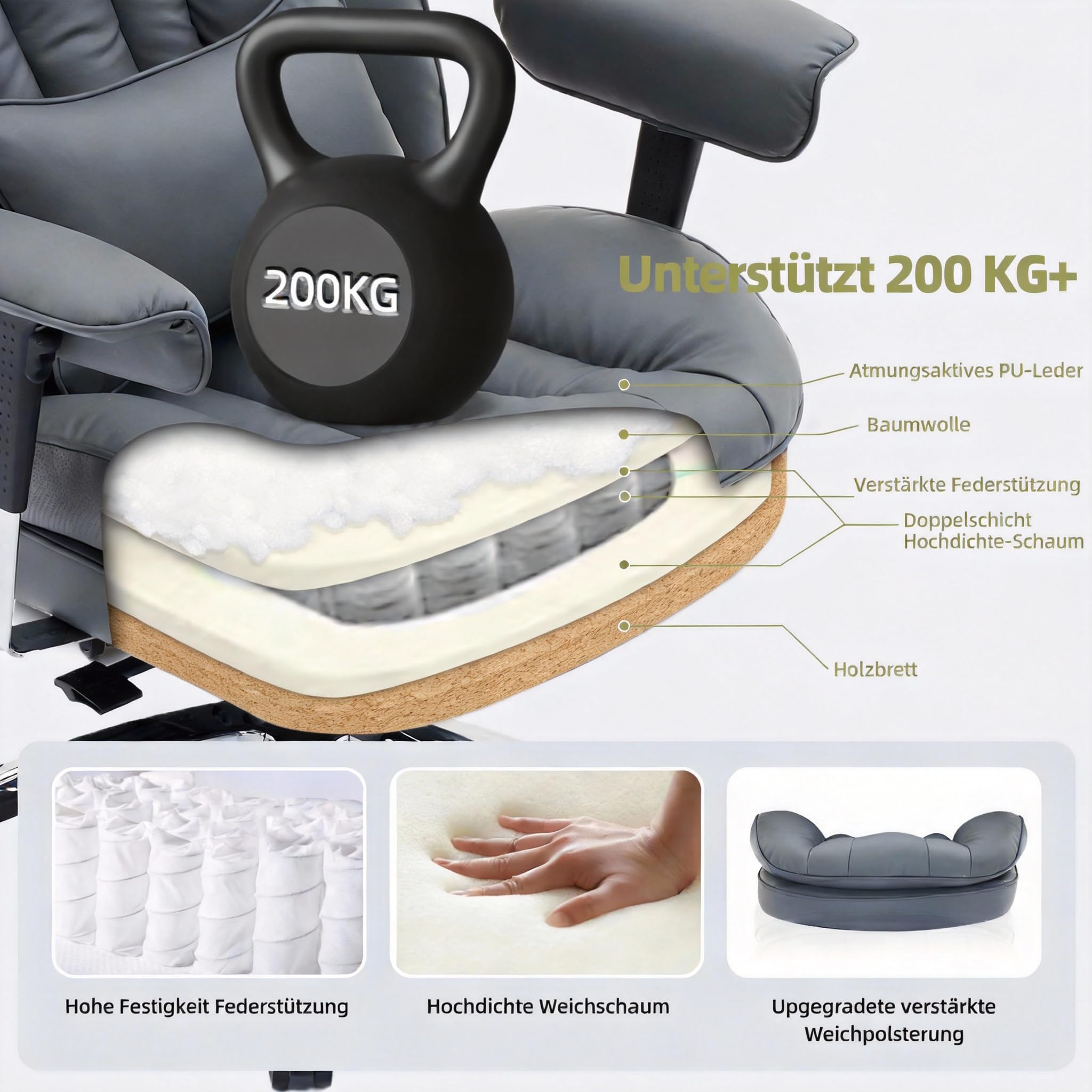 Efomao Bürostuhl, Ergonomischer Gaming Stuhl mit Kopfstütze-Design (X X), Gamer Sessel PU-Leder bis 200kg mit Fußstütze & Lendenkissen, Höhenverstellbarer Schreibtischstuhl