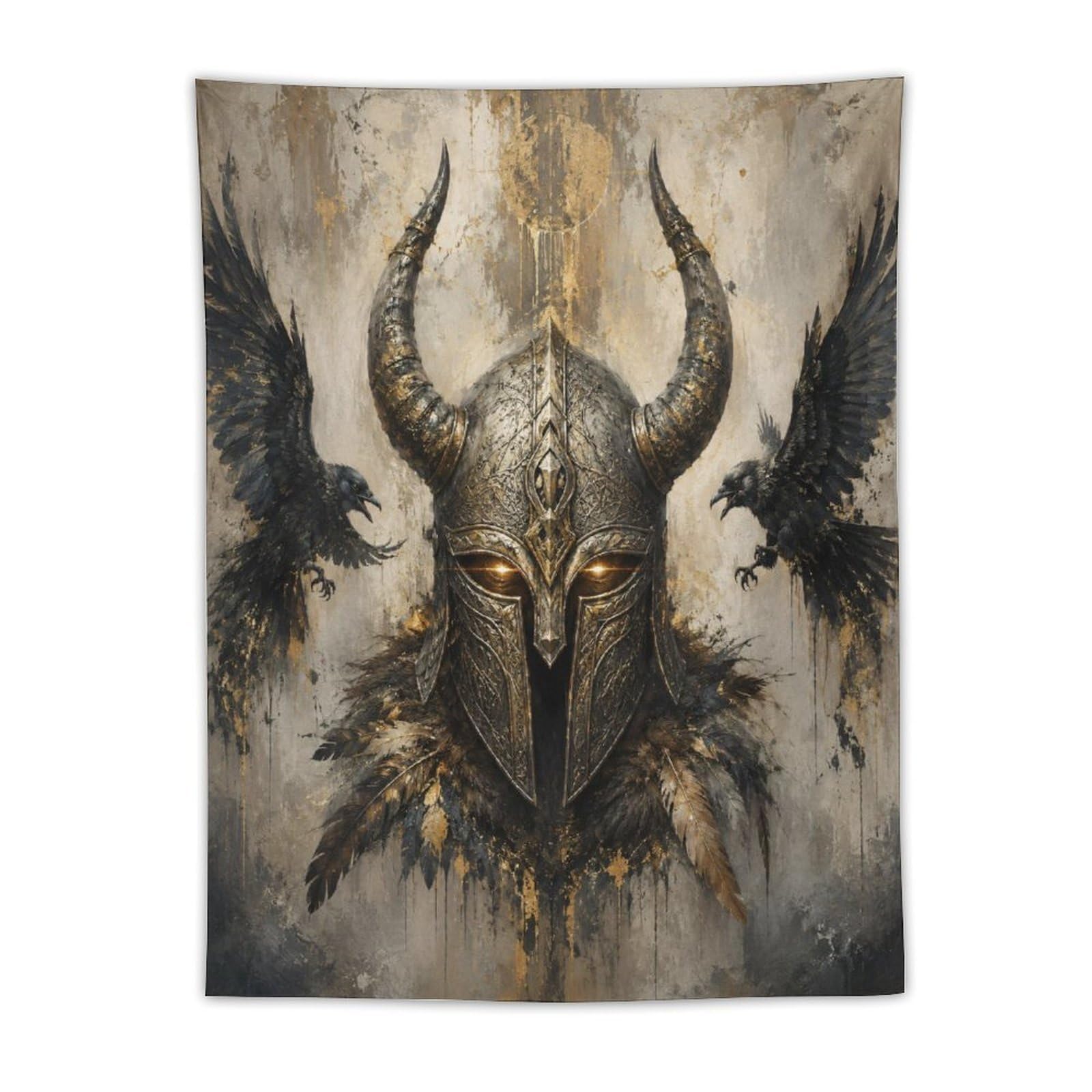 W7C8U2X3 Viking Helmet Black Ravens Wall Tapestry, Oil Painting
