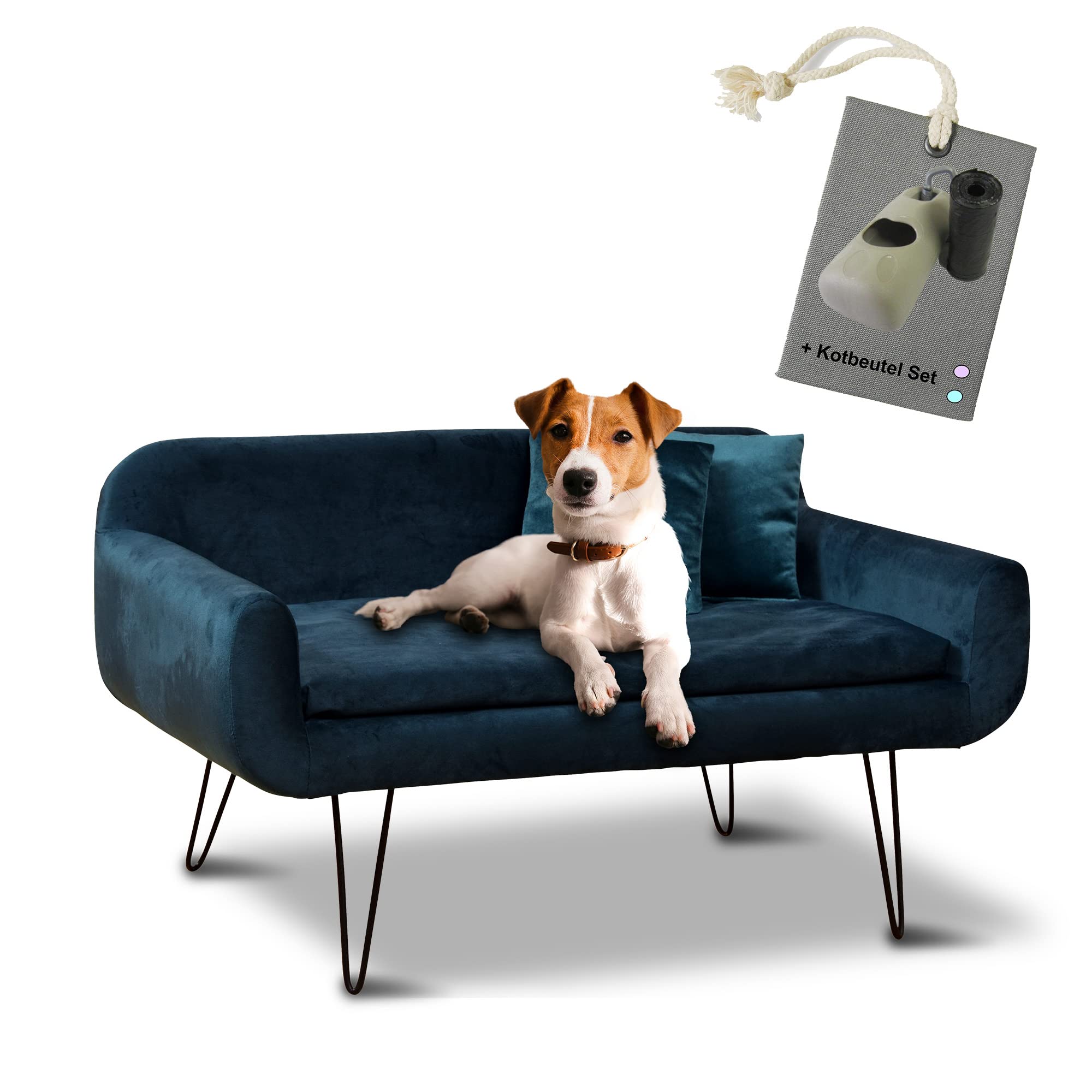 Rohrschneider Deluxe Hundesofa San Diego in Petrol, Samtbezug & Holzgestell