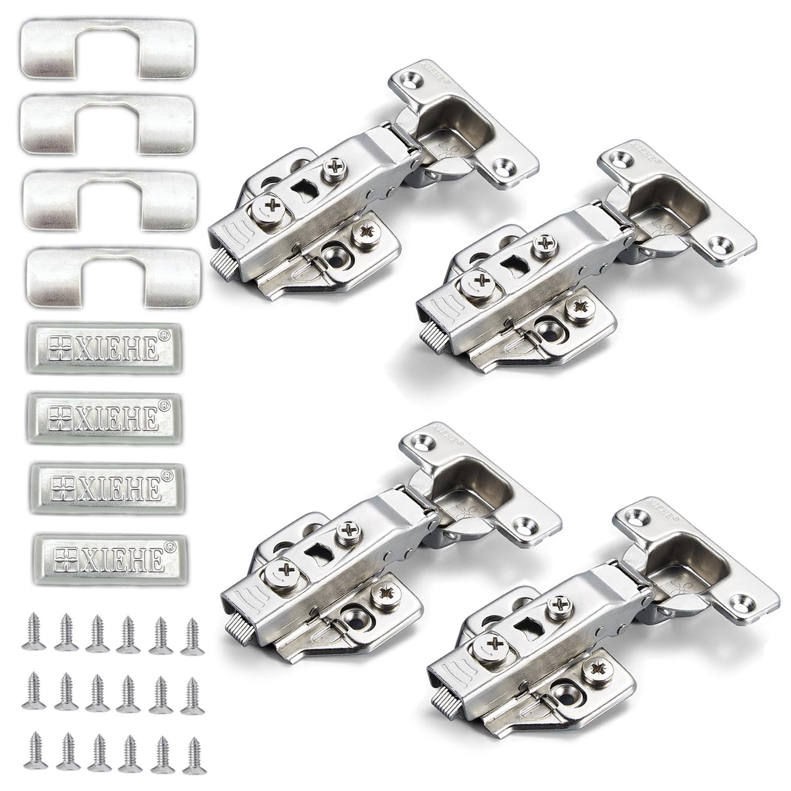 XIEHE Hardware 110 Degree Clip-on Soft Closing Full Overlay Frameless Hinges 4 Pack, for Kitchen Cabinets Door Brushed Nickel 3D Flush Mount European
